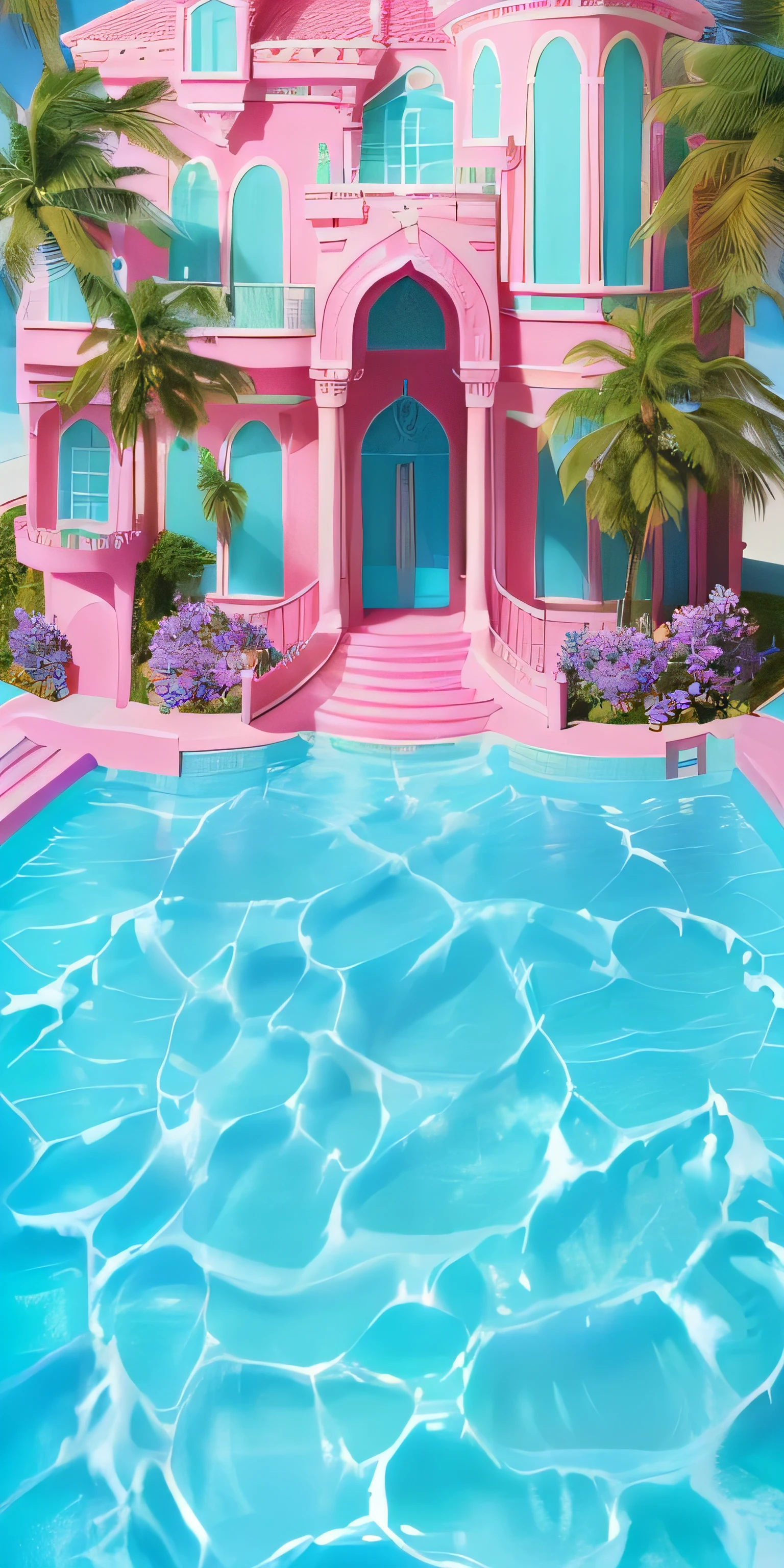 Barbie pink house, house is arched blue glass, Marine blue as the main color, there is a swimming pool in front of the castle, there are several palm trees, palm trees under the pink purple flowers