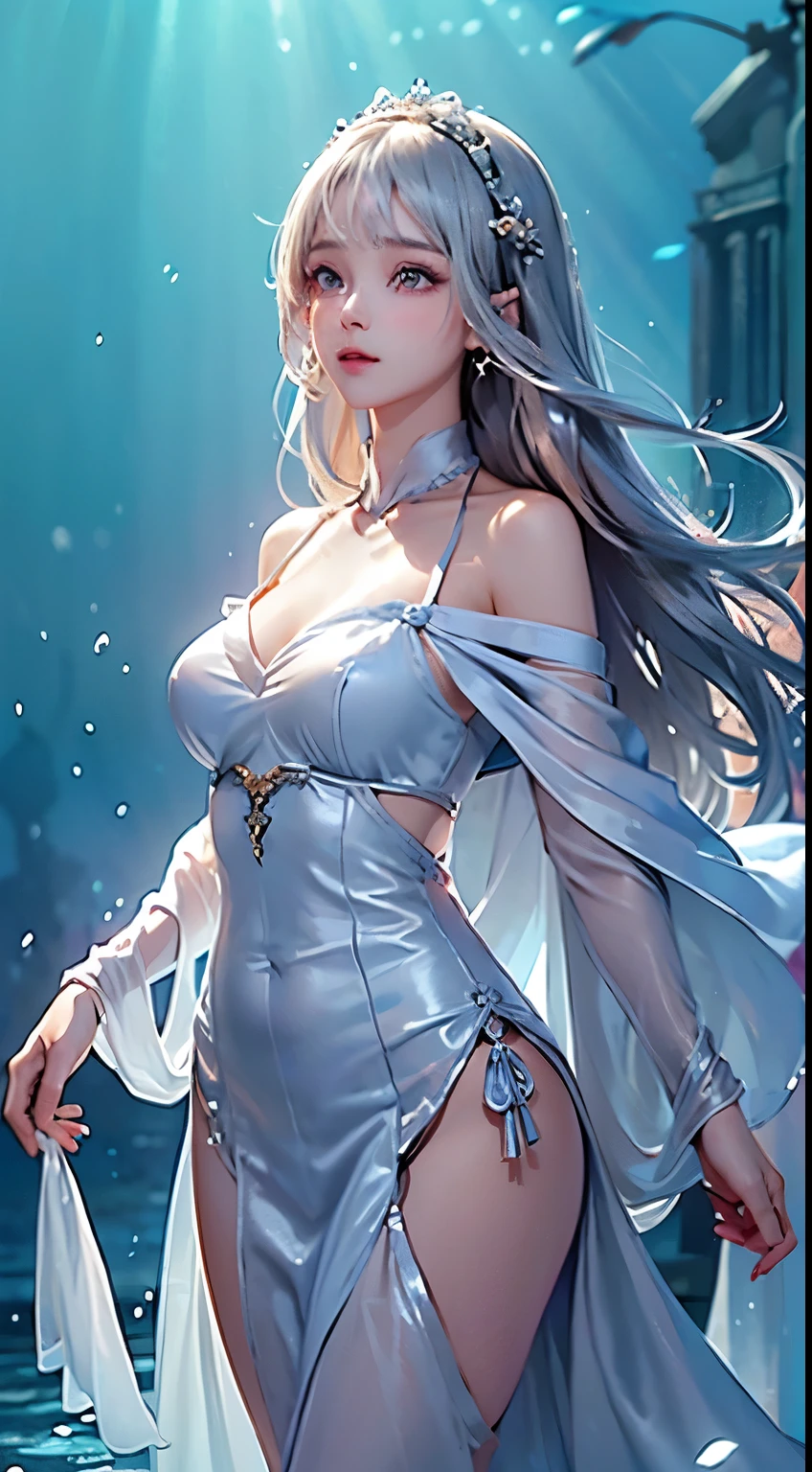 ((masterpiece:1.5、8k、Tabletop、フォトリアリスティックでVery detailedなCG、Very detailed、Particle Effects、Dynamic Effects、Written boundary depth、Cinematic Light、Lens flare、Ray Tracing、Tabletop、Realistic:1.4、超A high resolution:1.2、Realistic、Realistic))((alone、,A woman wearing an extra long shawl over an off-the-shoulder dress:1.4、see-through clothing、Dynamic female pose:、Detailed face、Bright expression、young, Brighter, Whiter skin、Ample breasts、Best Looks、Ultimate beauty、Shiny silver hair with highlights、Bright and shiny hair,、Super long, Silky straight hair、Hair swaying in the water))(underwater,Beautiful underwater ruins background,Air bubbles)