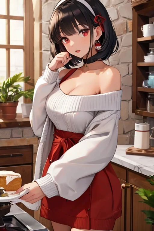 masterpiece, yor, 1girl, Amazing Cleavage:1.3, thin waist, big ass, Raised sexy, medium breast: 1.8 posed cleavage:1.2、solo, looking at viewer, open mouth, have a cup of coffee,black hair, red eyes, dress, bare shoulders, jewelry, collarbone, sidelocks, hairband, earrings, indoors, off shoulder, :o, sweater, arms behind back, plant, short hair with long locks, white hairband, off-shoulder dress, sweater dress, off-shoulder sweater, red sweater, big side hair, very long side hair,is rendered in (masterpiece: 1.2, best quality), with (ultra high resolution) and an exquisite (depth of field). This masterpiece is not only visually stunning but also tells, make of cake cooking ,in the kitchen