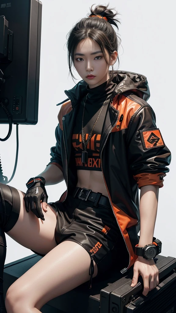 A sexy Chinese teenage boy, Make-up douyin, is wearing cool cyberpunk style clothes varying in black and orange and carrying a firearm, in a sexy sitting pose, on a white background.