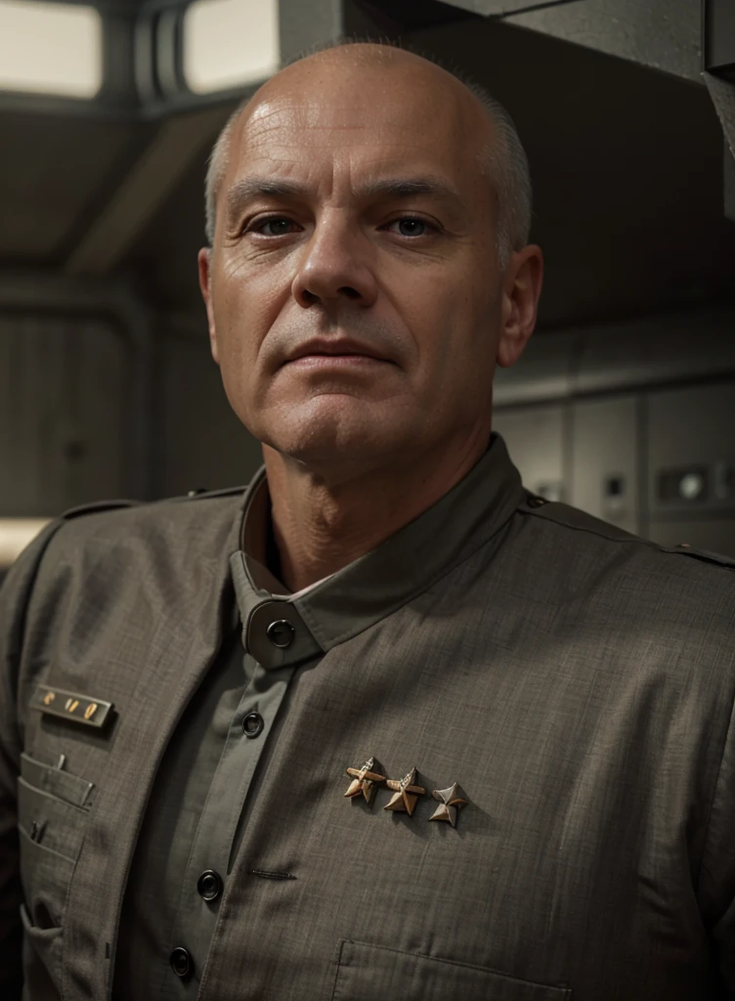 mature British man, bald little hair with gray hair, wears a general's military suit with medals, is in a military bunker, radar screens, Ultra detailed, hyper realistic, 4k, Ultra detailed image, realistic, Highly detailed, perfect composition, Splendid, Intricately detailed, Incredibly detailed, 8K fine art photography, hyper detailed, Masterpiece, Ultra detailed, hyper realistic, 4k, Ultra image detailed, realistic, highly detailed, perfect composition, gorgeous, intricately detailed, incredibly detailed, 8K fine art photography, hyper- detailed, masterpiece