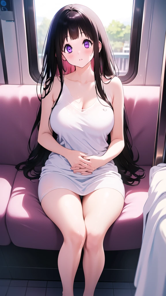 The stunning Chitanda Eru, There is only one beautiful girl，purple eyes,black hair, Naturally straight hair, straight bangs, extremely refined，adult face，lips open，flowing long hair，Peerless beautiful girl, dreamlike，Slim，soft, (Sensual), (kawaii), dream quality，White transparent pajamas，On the tram，camel toe，No underwear，no pants，side breasts，showing areola，Bare thighs，bare shoulders，Clavicle exposed，bare neck，groin，barefoot，bare breasts，ultra high resolution, (masterpiece:1.2, best quality), (Exquisite and beautiful eyes: 1.2), (Beautiful and delicate face)