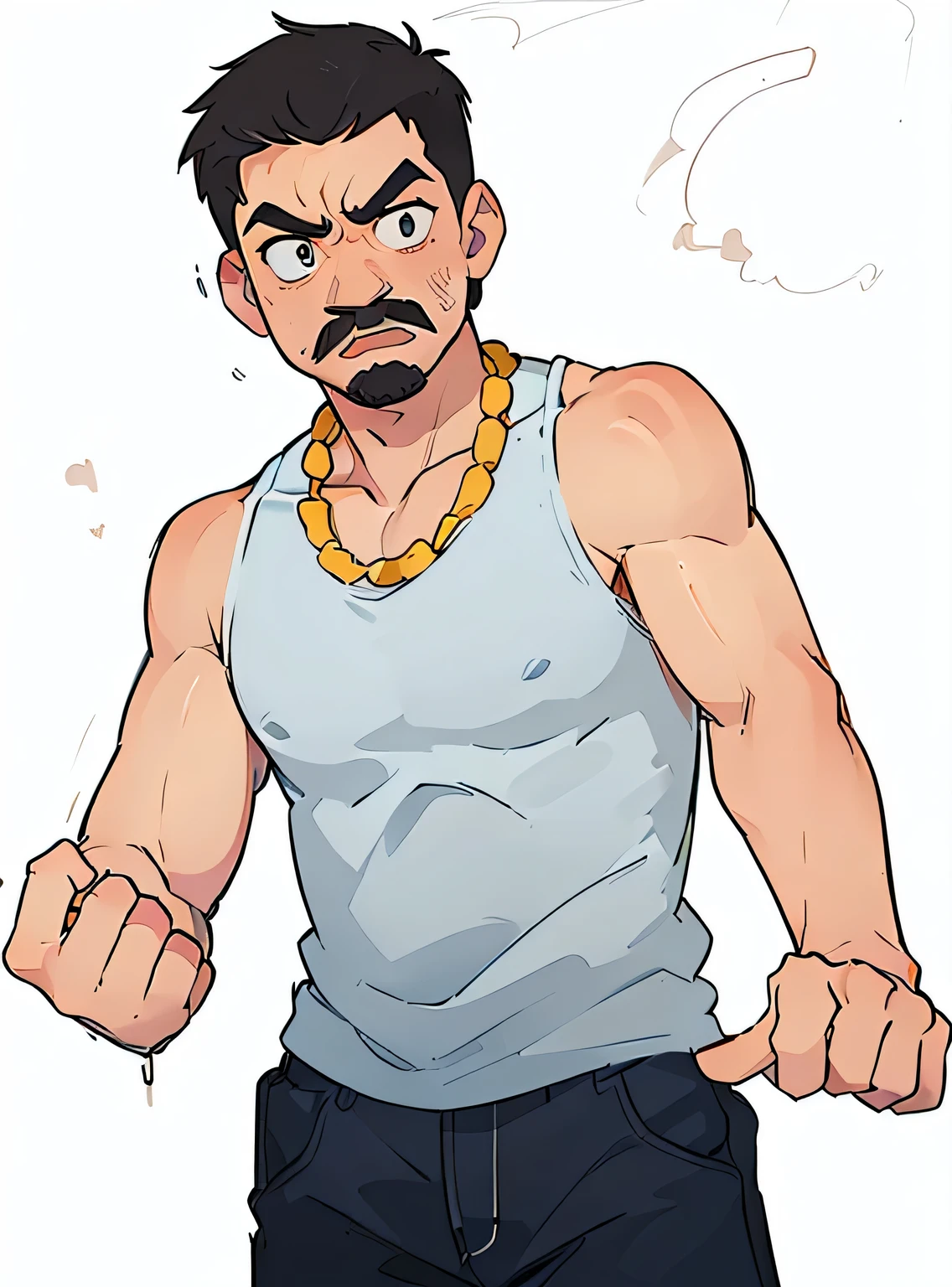 Necklace on the neck、Cartoon man with mustache, Heavy hand gesture style close-up, gta chinatowon art style, Strong facial expressions, Fighting Game Characters, Muscular posture, Fighting Stance, Muscular personality, Fighting Stance, Frustrated dramatic bicep pose, Scary angry pose, Fighting Stance, Inspired by Dariusz Shokov, Cartoon art style, will smith anime style