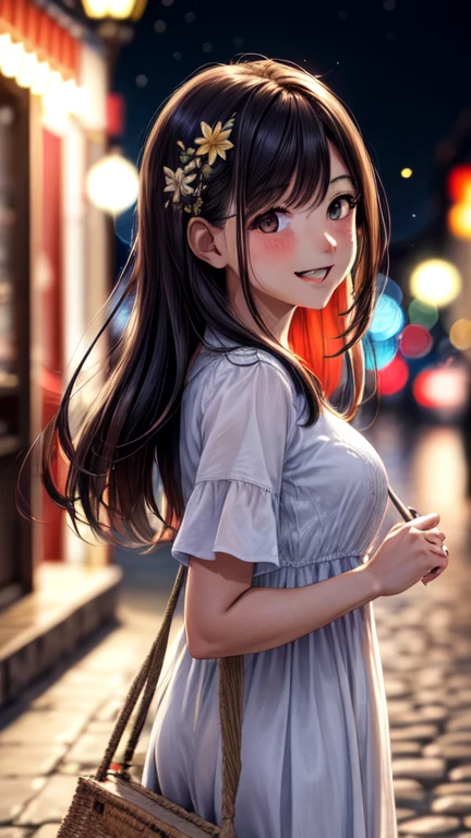 Full HD, super detailed, alta calidad, al maestro le gusta, bokeh, mujer, 30 years, medias, vestido midi rojo, compensar, noche, Luz de fuegos artificiales, sonrisa seductora, Destello de lente,pelo largo,rubio,invitar