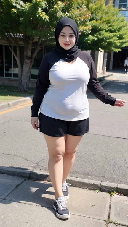 A beauty Malay woman with hijab, short dress, sneakers, glasses, big breast, hot pants, chubby tight, wearing a hijab, bbw, bbc, cute girl, mature and plump, plump woman, clean and smooth pics, all star, high quality, best quality, good vibes, nice look, tattooed