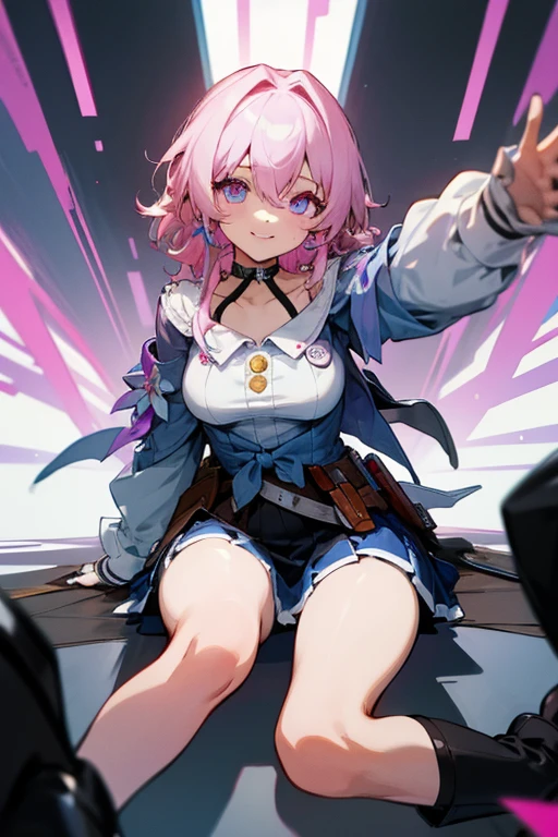 (masterpiece), best quality, expressive eyes, perfect face, 1 girl, solo, march seventh, blue eyes, hair between eyes, medium hair, pink eyes, pink hair, two-tone eyes, ankle boots, archery shooting glove, badge, bare legs, black choker, black corset, black footwear, black gloves, blue jacket, blue skirt, boots, button badge, buttons, choker, collarbone, corset, earrings, flower ornament, gloves, high heel boots, high heels, jacket, jewelry, long sleeves, miniskirt, partially fingerless gloves, pleated skirt, shirt, single earring, single glove, skirt, thigh strap, tied jacket, underbust, white shirt, smiling, city, background, futuristic city, sitting on the ground, knees up, upper body, portrait, looking at the viewer