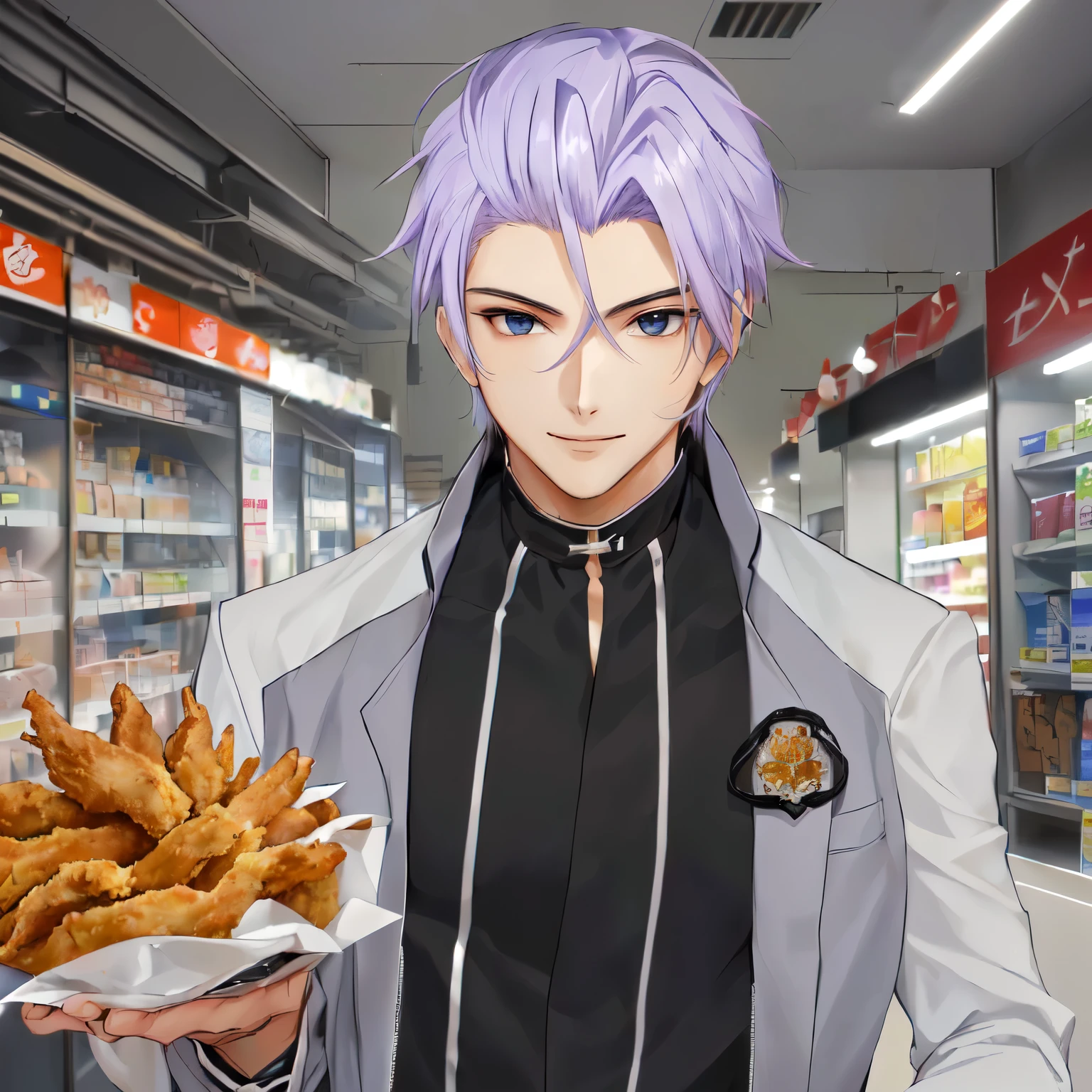 personagem de anime segurando um balde de frango frito em um supermercado, Hajime Yatate, com frangos fritos, em estilo anime, inspirado em Okumura Togyu, handsome guy in demon slayer art, inspirado em Junsaku Koizumi, hajime katoki, inspirado em Pia Fries, no estilo anime, casaco de couro, lilac slicked back hair, cabelo curto, olhos azuis, fried chicken company coat of arms, olhos azuis bem escuros, sorrindo maldosamente, testa exposta, testa grande, testa sem franja, ((HOMEM DO MAL QUE VENDE FRANGO EMPANADO)) ((testa exposta gigante))