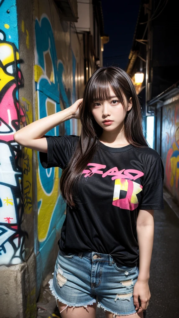 muster piece, best quality, illustration, Super detailed, fine details, High resolution, 8K,wall paper, perfect dynamic composition,(Details High quality, realistic depiction of eyes:1.3),  (Japanese teenage girl standing in a dirty back alley at night, hands on head, graffitied wall:1.1), (loose t-shirt, ,t-shirt, oversized clothes), black hair color, Big Natural Color Lip,  seductive face, provocative look, crying a little、cold gaze, Harajuku style、(graffiti), night time, 20 year old girl、cute type、lolita, Gravure Idol, full body photo、focus on crotch, huge breasts