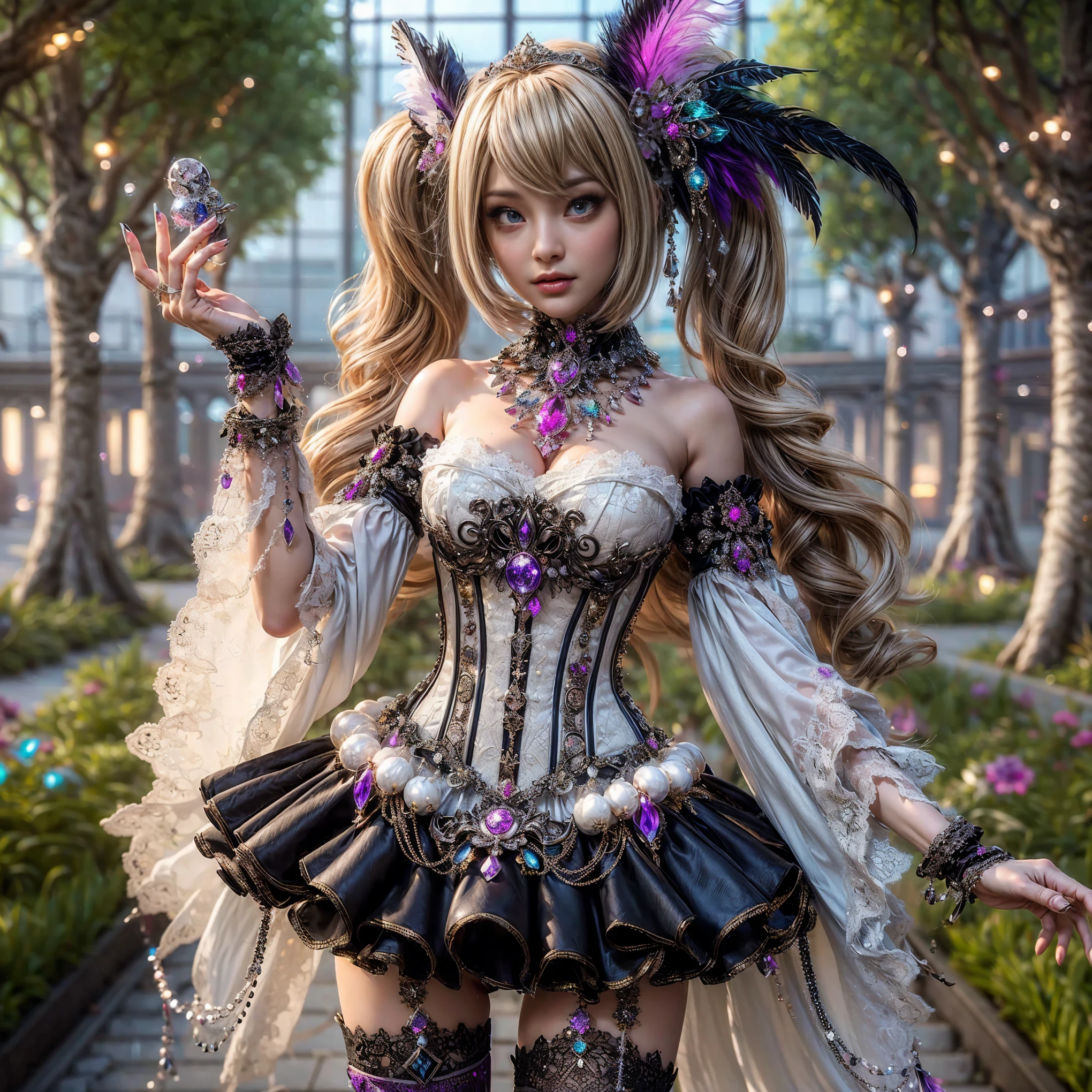 An asian woman with loose hair, standing on the stairs in the middle of a magical atmosphere, with a predominantly blue and red costume, a strapless corset-style dress decorated with bright purple jewels, a short tutu skirt, black thigh-high stockings with lace tops and ornaments purple jewels, white high heels with gold decoration, grand staircase background under mysterious sky full of stars and celestial bodies, crystal detailed, hyper realistic, hyper detail Transparent clothing, Detailed gemstones, masterpiece, best quality:1.2),,(8k,highres,RAW photo,realistic,photo-realistic:1.3),(detailed skin texture,detailed cloth texture, beautiful detailed face:1.25),professional lighting,photon mapping,beautiful soft light,radiosity,physically-based rendering,raytracing, model shoot style, model shoot style, (extremely detailed CG unity 8k wallpaper), full shot body photo of the most beautiful artwork in the world (NSFW), (Nude), (Naked), (Nipple) (pussy) (exposed pussy) 