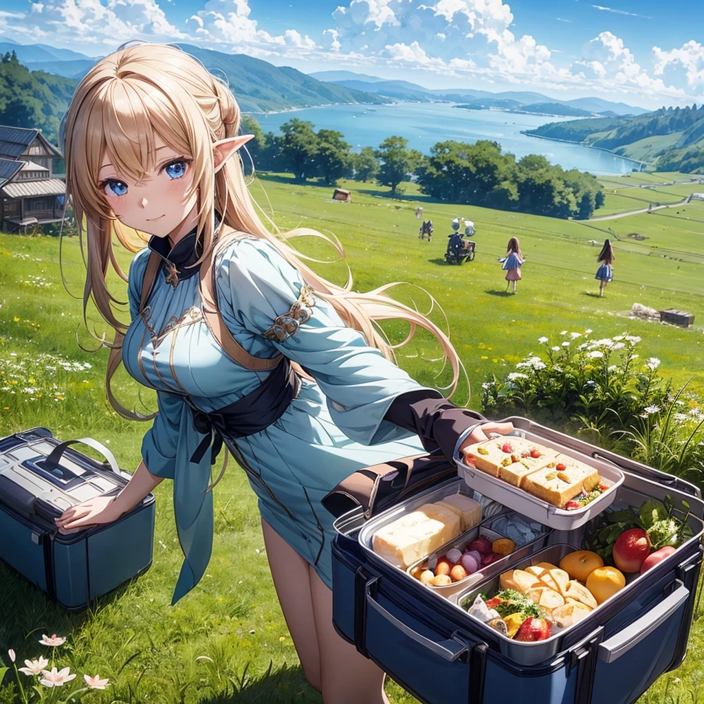 High quality ultra detailed fantasy anime pictures、In a sunny field、Lifting a heavy lunch box and hovering、A little fairy with a tired face