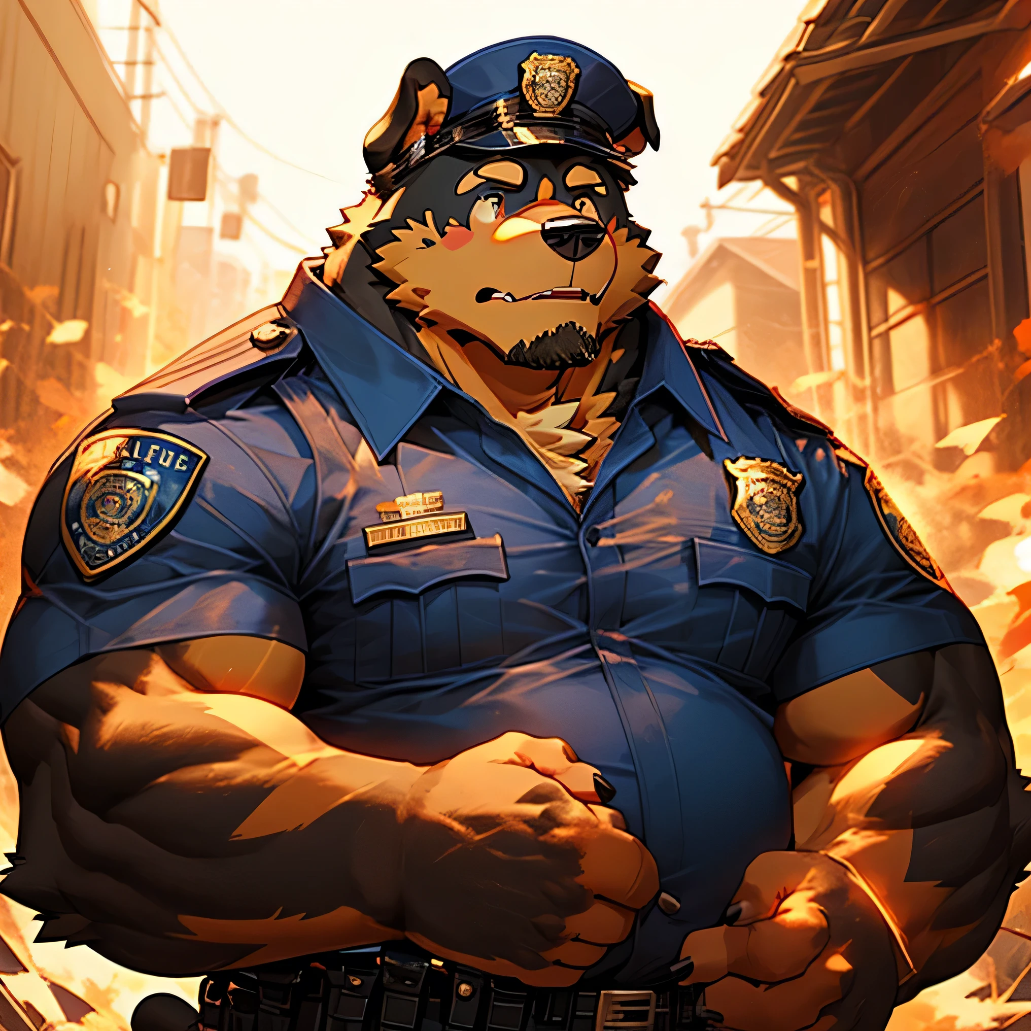 police cap, man, alone, police uniform, kemono, from below, barazoku, looking up, furry dog (rottweiler breed), hairy, muscular body, fat (fat, fat),