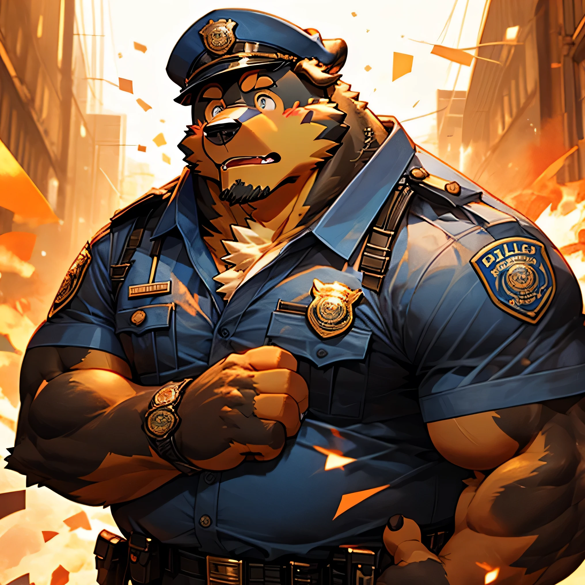 masterpiece, best quality, 8k resolution, Very detailed, hairy,tiger,((red hair)),muscle,Strong,超大muscle,((Sweating)),(((Purple Eyes))),For the audience,(((firefighter clothing))),portrait,(((helmet))),(Highest quality scene),(((fire truck))),on the street,(((smiling))),(((Hip bulge))),(((Ultra clear eyes)),(((Blushing))),((Solitary)),((whole body))