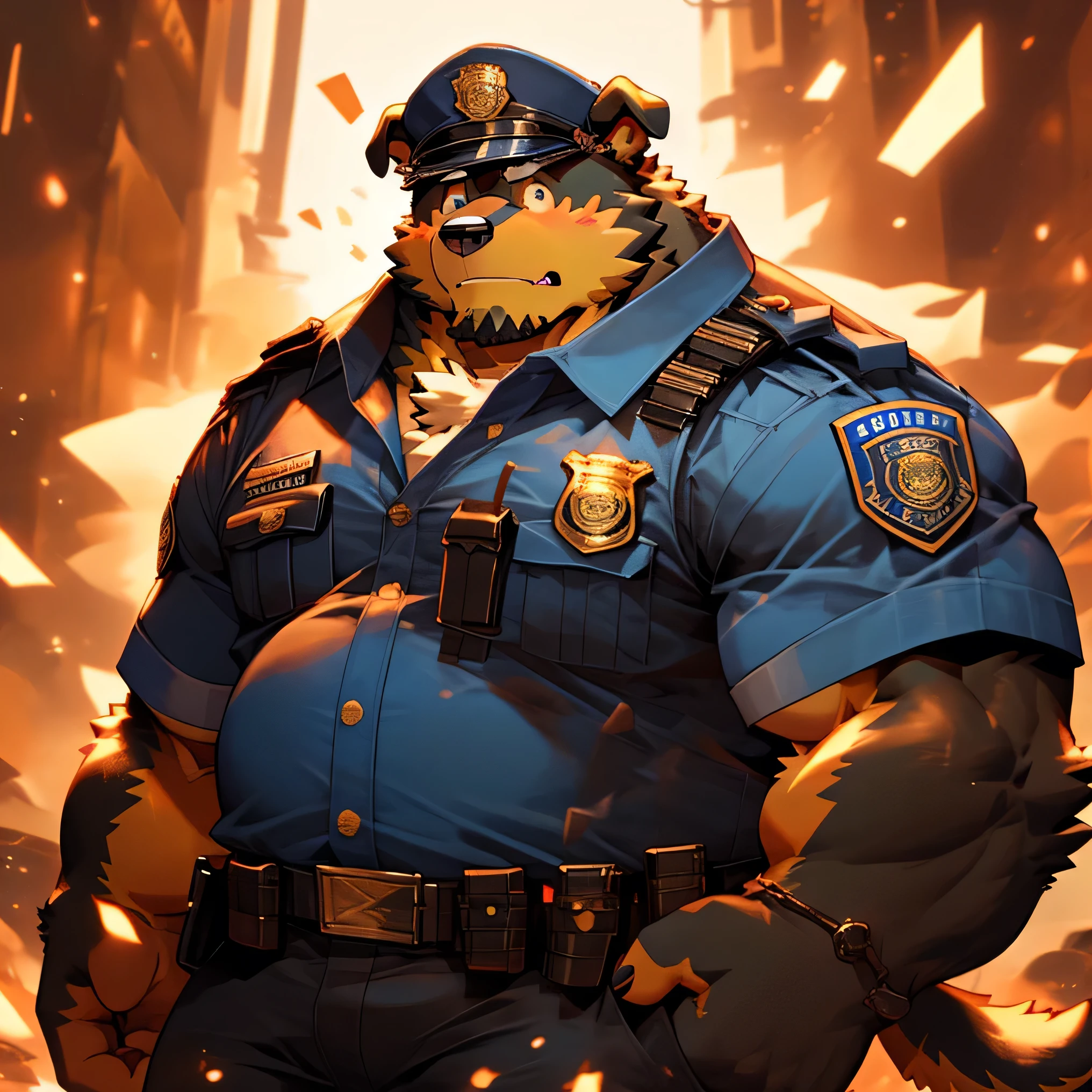 police cap, man, alone, police uniform, kemono, from below, barazoku, looking up, furry dog (rottweiler breed), hairy, muscular body, fat (fat, fat),