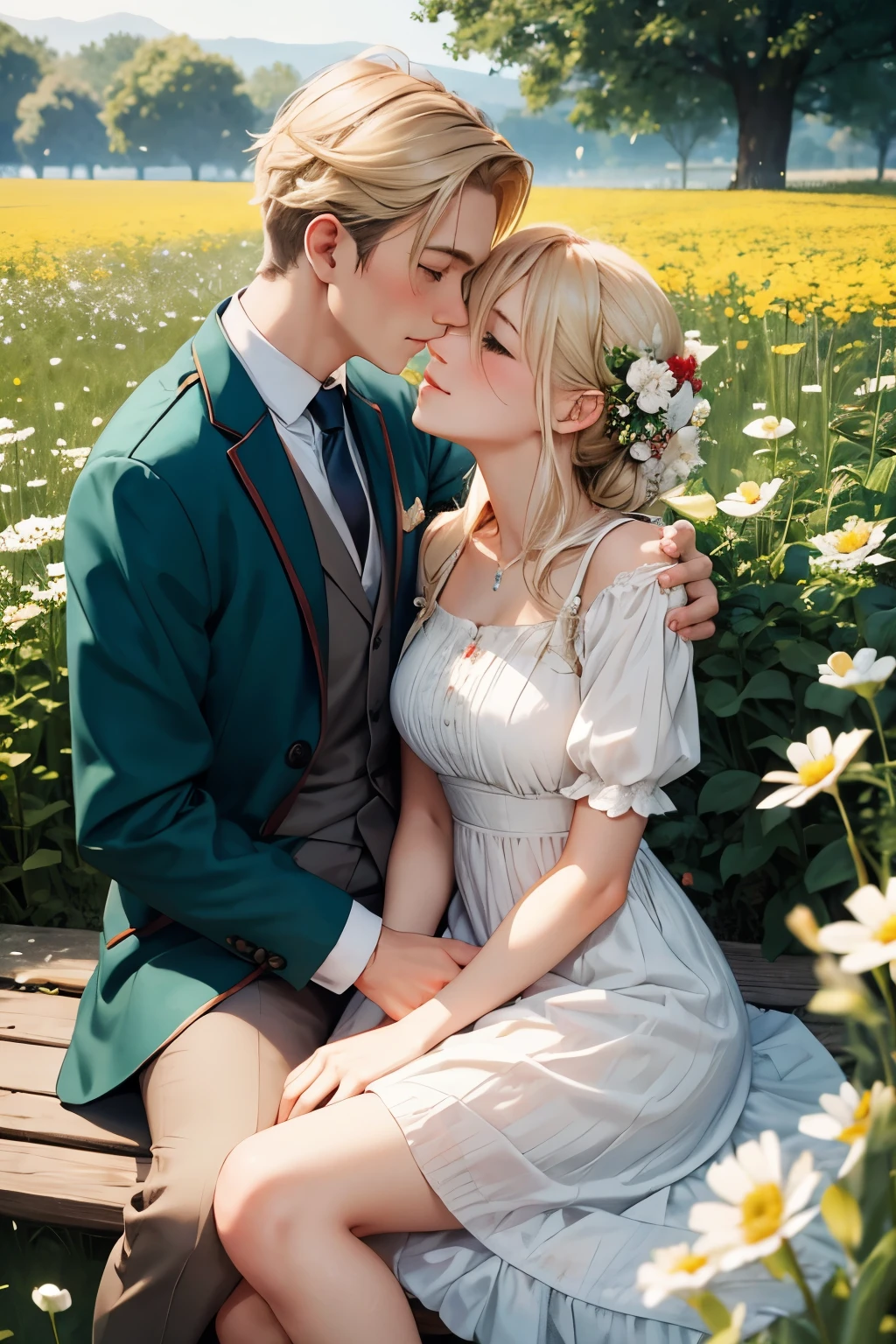 [man and woman kissing], intimate, soft colors, blonde hair, in the summertime, traditional German clothing, in a field, village, green eyes, flower, flower dress, blushing, red and white dress, prussia, peaceful 