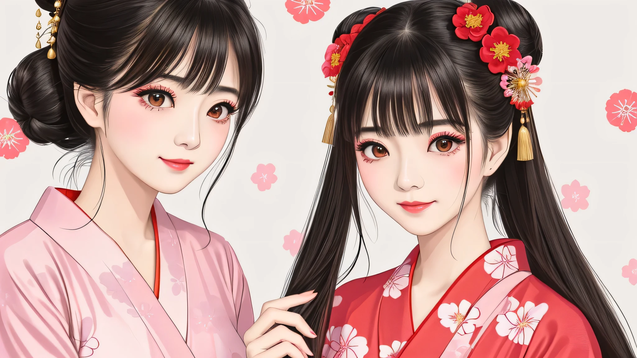 Each has a different expression２People and sisters、(２ girls）、｟Dancing traditional arts with grace)、((Big Breasts、Small Face、Not exposed))、highest quality、masterpiece、（Black Hair、Bun Hair）、Brown Eyes、｟Wide angle、Angle from above the waist and diagonally below、Pause on the magazine cover、Their gazes are different, gazing into the distance｠、(８K High Quality、masterpiece、High resolution、Realistic and beautiful light and shadow、(highest quality)、(High Resolution)、(Very delicate and beautiful)、(Beautiful 8k face)、(With a smile、Beautiful eyes)、(Clear skin)、(Soft hair)、(８Head to Body)、(A Japanese style yukata kimono with red, pink and orange floral patterns on a white background, interspersed with gold powder、Five beautiful Japanese girls wearing yukata)、((Tanabata decoration background))、((Small Face))、(arms up)、Thin and small nose、（Red lipstick）、（Make your cheeks red）、（Glossy skin）、((Ink painting style))、Very thin eyebrows、Overall ultra-high image quality、（She is wearing maiko-style makeup.）、Whitening、Long and beautiful eyelashes、Glowing Skin、（Red cheeks）,Straight nose、masterpiece、highest quality、whole body、 Eyebrows visible through hair、Bun Hair、Grin、Gal、Gal、Viewer&#39;s Eyes、Plaid、Stylish、woman、fine、Pause、
Waiting to start 
