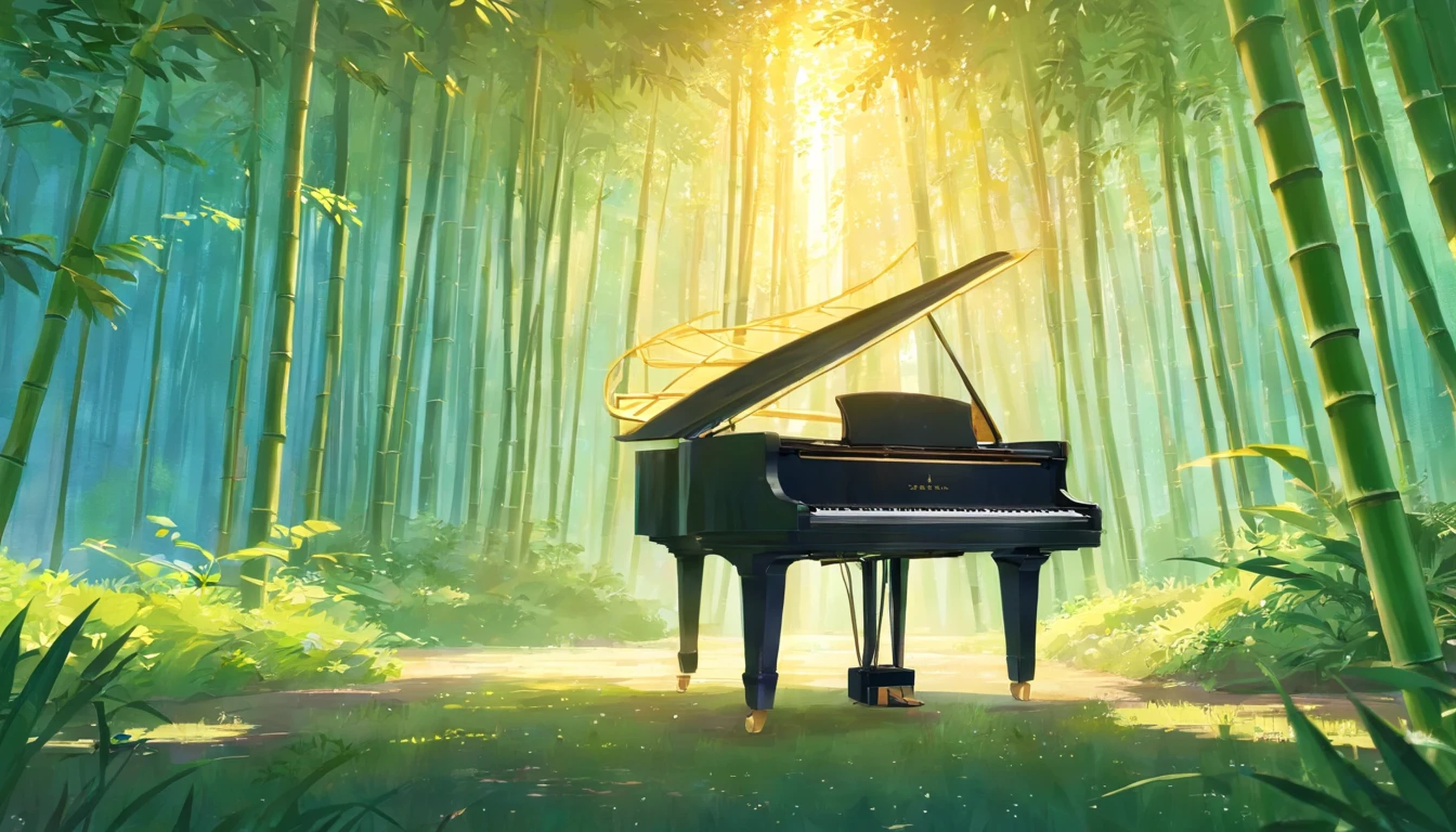 A grand piano in the middle of the woods near a river,A grand piano in the middle of a bamboo forest stretching straight up、The sun glitters through the trees,quiet