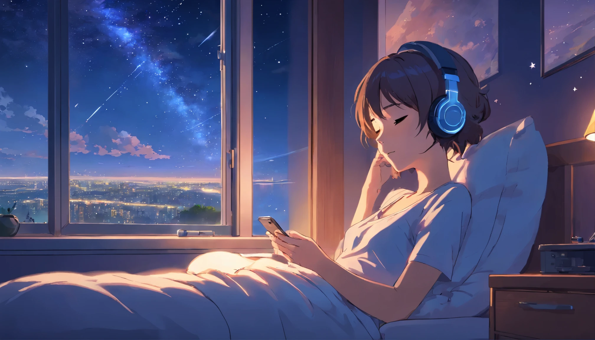 (Bedside window, Sleeping girl, Headphones, Smartphone in hand, Big night sky, Many Stars)