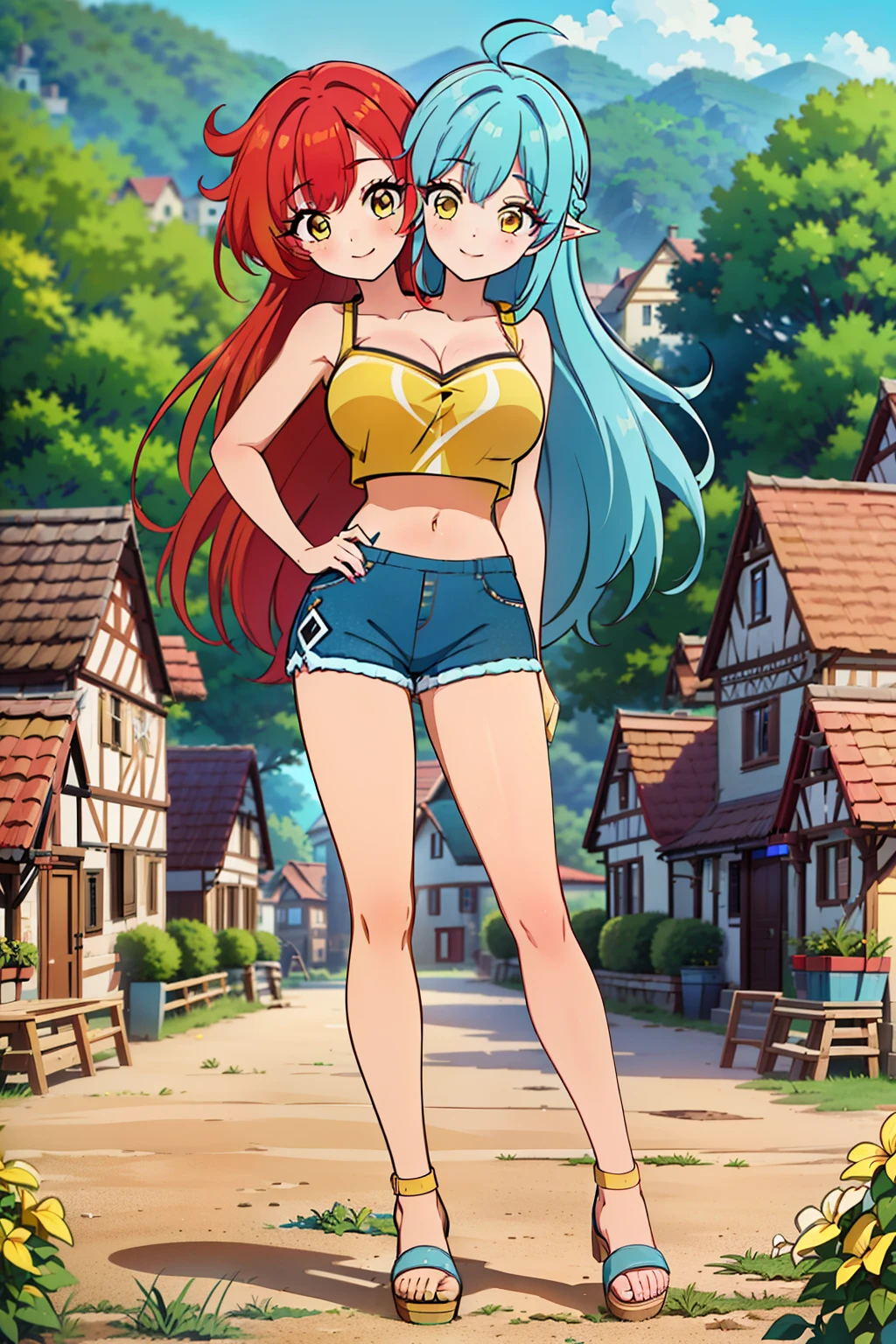 best quality, (masterpiece),(ultra-detailed), (high quality), (high resolution), ((2heads:1.5)), best quality:1.5, highres, UHD, 16K), ((two headed woman)), smiling, highres, masterpiece, ((vibrant red hair:1.5)), ((vibrant blue hair:1.5)), ((different hair colors)), cleavage, ((yellow crop top:1.5)), lustrous and smooth skin, seductive silhouette, yellow top, sexy proportions, Beautiful girl with accentuated slender abs, ((full body)), long legs, ((village background:1.5)), ((exposed midriff)), body con outfit, strapless, sleeveless, yellow eyes, ((long hair)), ((sandals))
