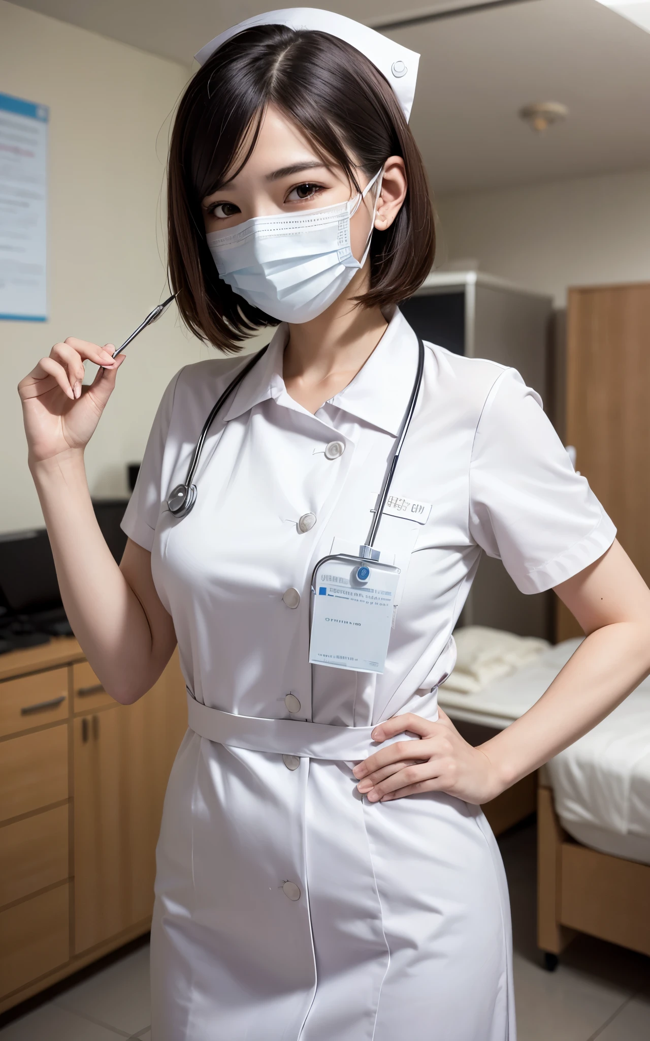 1 girl,(Wearing white nurse clothes:1.2),(RAW photo, highest quality), (realistic, photo-realistic:1.4), masterpiece, very delicate and beautiful, very detailed, 2k wallpaper, wonderful, finely, very detailed CG unity 8k wallpaper, Super detailed, High resolution, soft light, beautiful detailed girl, very detailed eyes and face, finely beautiful eyes, nurse, (nurse cap:0), perfect anatomy, black hair up style, nurse uniform, ((mask)), long skirt, nurse, white costume, thin, hospital, clear, white uniform, hospital room, auscultation of the neck,bob cut