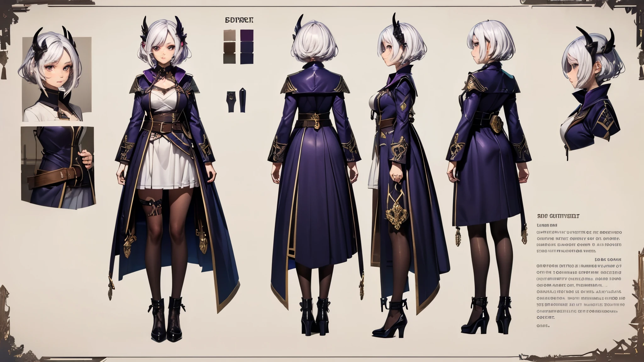 (Masterpiece, best quality), detailed, 1girl, ((character concept art)), ((character design sheet, same character, front, side, back)), many items, (adventurer guild lieder uniform, ex dungeon explorer, royal cloth, many parts), black demon horns, detailed purple eyes, detailed face, different expressions, small B cup , white hair and white skin, detailed hair, formal style haircut, full of details.