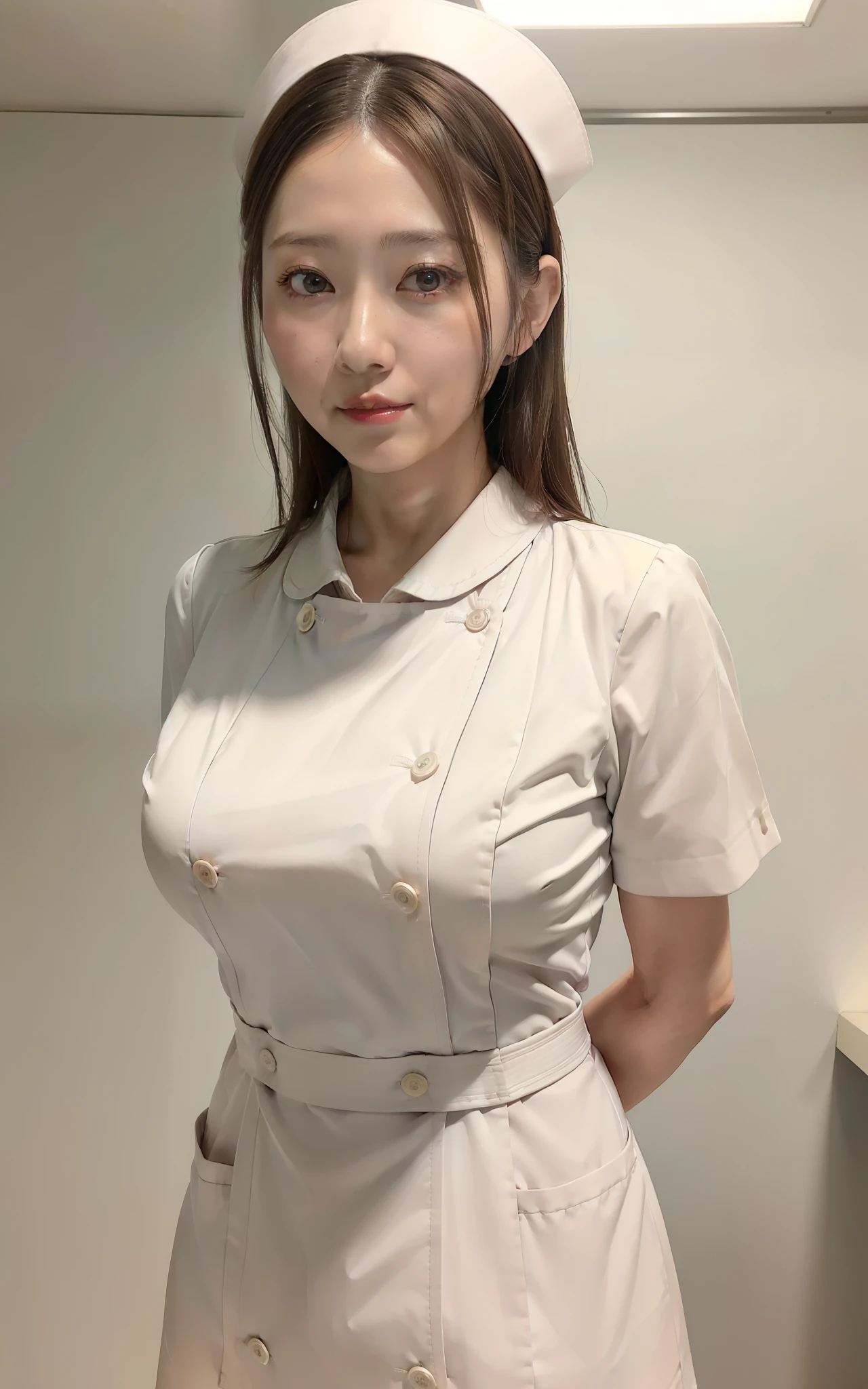 ((High resolution, High level image quality, high detail, masterpiece)), rough skin, anatomically correct, sharp, gray background ((japanese mature, 45 years old)), solo, (white nurse uniform), good shape big breasts, Straight light brown hair, Chubby:0.3, (((Stand upright, portrait, close up:1)), nurse uniform,