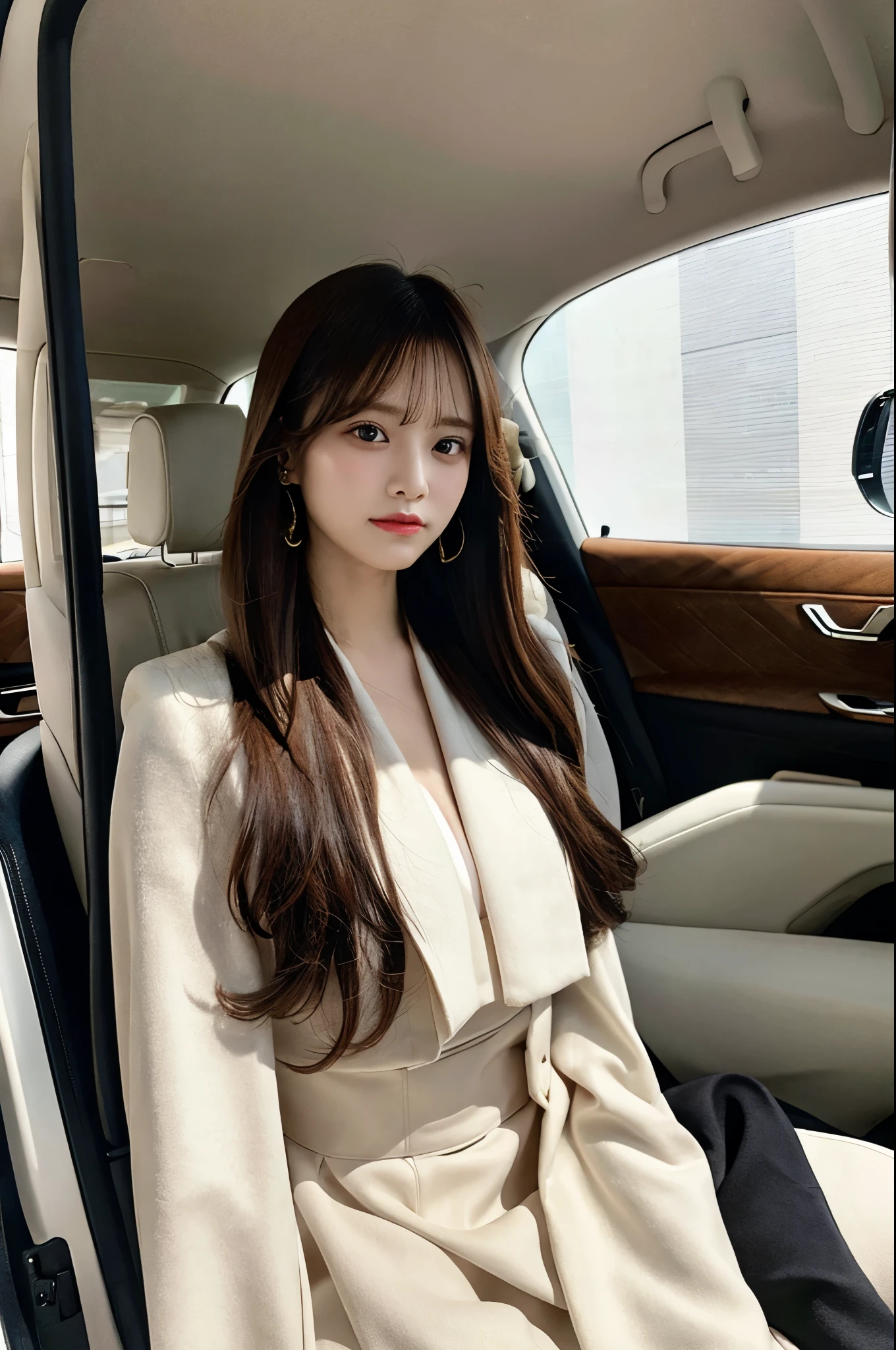 Luxurious interior、President's office、Straight Long Hair、Black Hair、Jacket、Beige suit、short skirt with floral pattern,、Cleavage(Very large breasts、Very thin and long legs、Perfect figure、High heels、whole body、smile)、1 female、No makeup、Age 25、(masterpiece、8K,RAW Photos、High resolution:1.4)