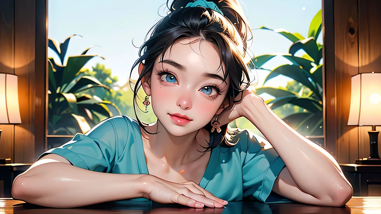 8k, highest quality, ultra high resolution, 1 female, 1980s pop culture anime style, 21 years old, (masterpiece, high resolution, detailed), Japanese, sweating, short cut, ponytail, big breasts (photorealistic) :1.4), (Famous Japanese actress:1.2), very beautiful, cute, professional photo, very delicate and beautiful, very detailed, very detailed beautiful girl, very detailed face, very detailed eyes, very detailed skin, very detailed fingers, very detailed nose, very detailed mouth, perfect anatomy, realistic body, fair skin, shiny skin, slender body, good figure, looking at viewer, smile, cute laugh Face (black hair, (ponytail, beautiful girl, perfect small face, F cup, big breasts, highest quality, ultra high resolution, detailed background, masterpiece, anatomically correct, detailed face, beautiful face in every detail, 8k, Masterpiece, highest quality, ultra high resolution, highest resolution, professional lighting, orange lighting, backlighting, antique wooden interior, houseplants, large indoors, full body angle shot, dim lighting, hands above head for worship sitting cross-legged, yoga pose, female, small face, white skin, turquoise eyes, beautiful eyes, beautiful eyelashes, beautiful eyes, highlights: 1.2), beautiful legs, (detailed face and iace :1 2), almond eyes, (ponytail), jogging, running in the park, shorts, red running shirt, red shirt