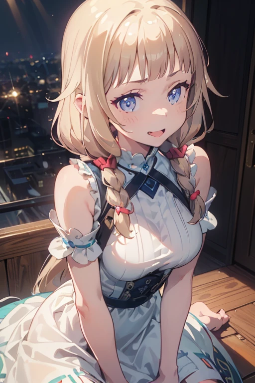 (Masterpiece: 1.2), Best Quality, (Illustration: 1.2), Eye Focus, (Ultra Detailed), Ultra Detail, (Fine Detail), (Intricate Detail), (Cinematic Light, Best Quality Backlight), Clear Lines, Solo Female, Solo Female, Perfect Figure, (1 Girl), High Contrast, (Best Lighting, Extremely Delicate and Beautiful), ((Cinematic Light)), Powerful, Absolutely Striking, Dynamic Angle, Gorgeous Background, cute Teeth, Open Mouth, mischievous smile, close-up, depth of field, close-up of a long-haired character. A cute tongue sticks out of the mouth, long hair, big breasts, short sleeves, dress, bare shoulders, braids, porcelain clothes 