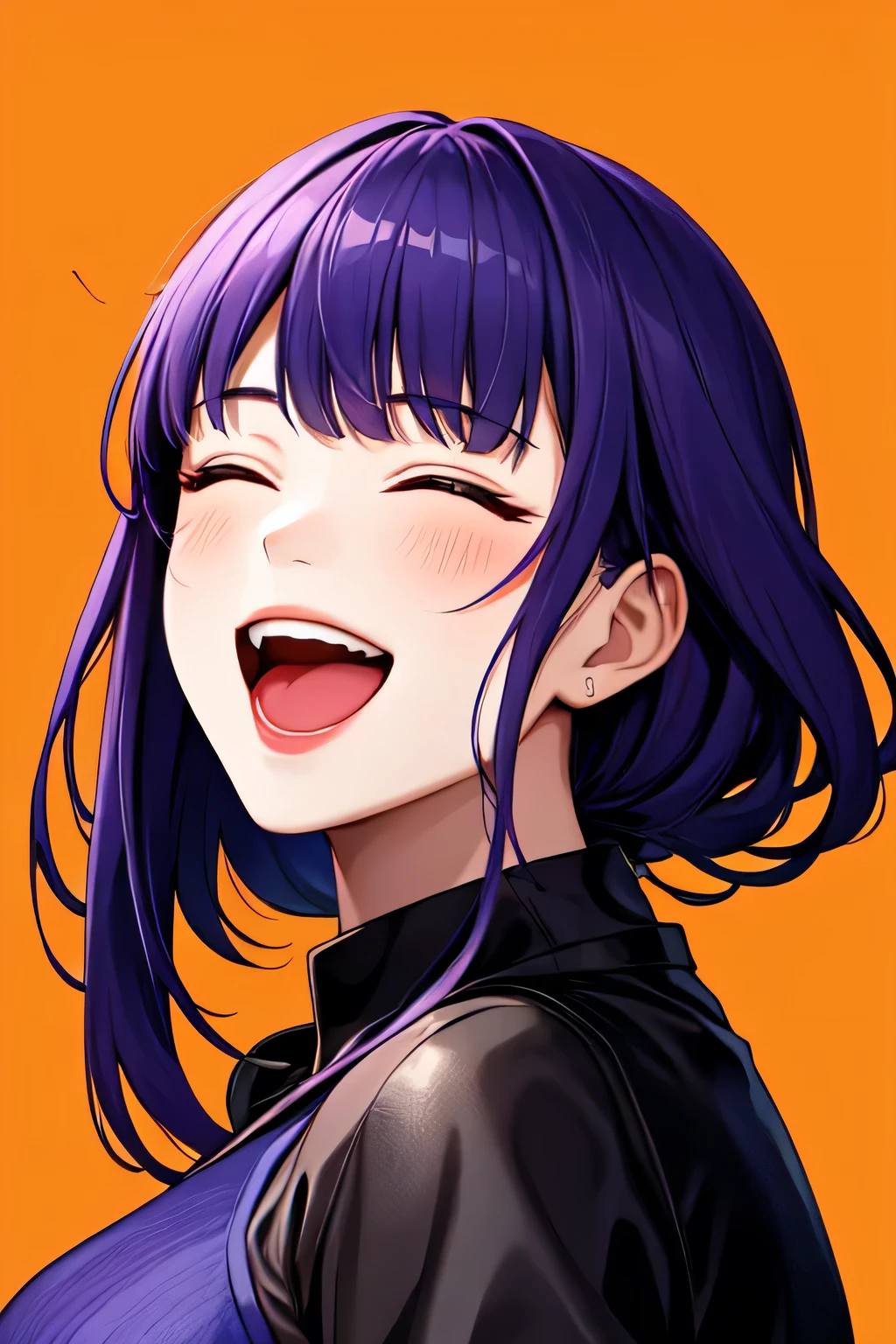 Raiden yelled., purple hair, Close your eyes, girl laughing, open mouth, It has an orange background., Portrait