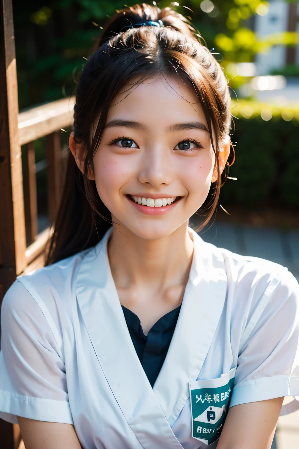 lens: 135mm f1.8, (highest quality),(RAW Photos), (Tabletop:1.1), (Beautiful 18 year old Japanese girl), Cute face, (Deeply chiseled face:0.7), (freckles:0.4), dappled sunlight, Dramatic lighting, (Japanese School Uniform), (On campus), shy, ponytail, (Close-up shot:1.2), (smile),, (Sparkling eyes)、(sunlight),