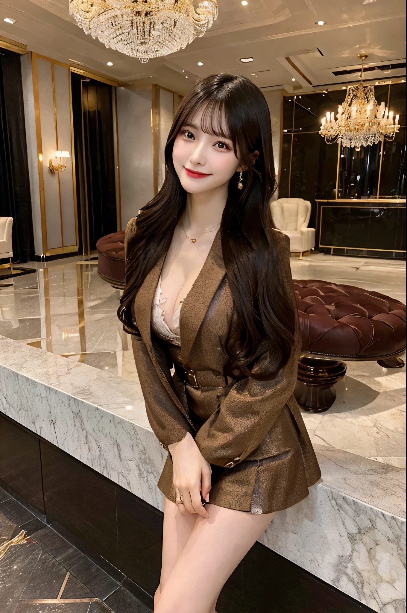 Luxurious space、Hotel Lobby、Straight Long Hair、Black Hair、Jacket、Brown suit、short skirt with floral pattern,、Cleavage（Very large breasts、Very thin and long legs、Perfect figure、High heels、whole body、smile）、1 female、No makeup、Age 25、（masterpiece、8K,RAW Photos、High resolution:1.4）
