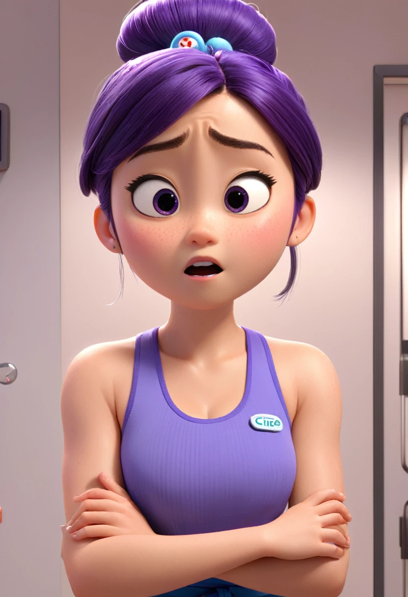 Une Japonaise de , cheveux violet chignon en hauteur, collier bleu, Grey tank top, medicine badge top left, terrified, stuck to the wall arms spread with super strong black glue in faulty lab trying to break free, style 3d pixar, (best quality, 4k, 8k, High resolution, chef-d'artwork:1.2), Ultra-detailed, (Realistic, photoRealistic, photo-Realistic:1.37), portraits, Des couleurs vives, studio lighting