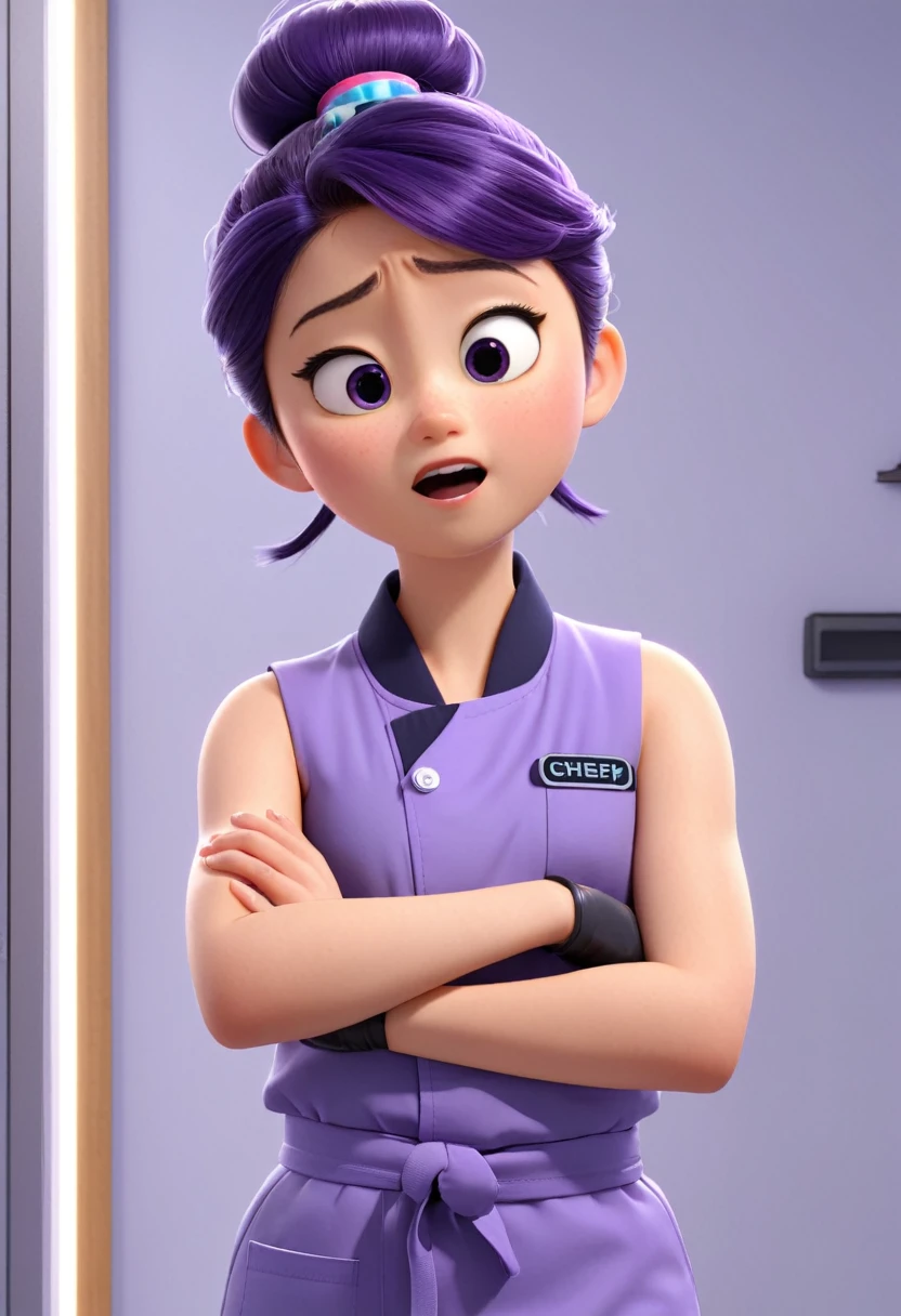 Une Japonaise de , cheveux violet chignon en hauteur, collier bleu, Grey tank top, medicine badge top left, terrified, stuck to the wall arms spread with super strong black glue in faulty lab trying to break free, style 3d pixar, (best quality, 4k, 8k, High resolution, chef-d'artwork:1.2), Ultra-detailed, (Realistic, photoRealistic, photo-Realistic:1.37), portraits, Des couleurs vives, studio lighting