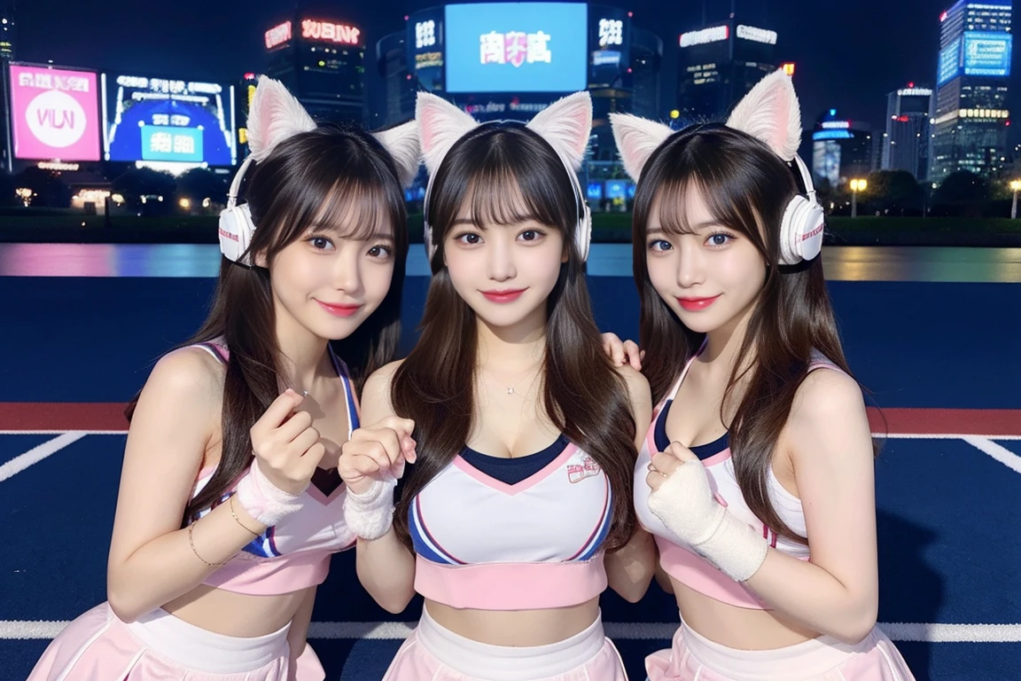 ((最high quality, 8k, masterpiece詳細, 超High resolution)), (Group photo), (Looking at the audience), (Mid Shot:), Attractive girl、Cute Girls、Four girls lined up、Random Face、Young Japanese women、Full body photo、whole、最high quality, masterpiece, 32k、Very detailed、Realistic、Japanese women、Cute face, (photo Actual:1.3), Edge lighting, (Skin with attention to detail:1.2), 8k超High resolution, Single-lens reflex camera, high quality, High resolution, 4K, 8k, Optimal ratio of four fingers to one thumb, (Actual:1.3), smile、自然なsmile、Baseball Cheerleader Costumes(Bright pink、Light blue line design、Japanese professional baseball cheerleaders)、Cat ear headphones(ピンク色のネオンCat ear headphones)、Realistic、Super Realistic、32k、Very detailed、masterpiece, 最high quality, beautiful girl, beauty、 Mecha, Beautiful lighting, Sitting,Cyber Neon、Future City、Skyscraper、City Night、Shanghai、Big cities、Night view、綺麗なNight view
