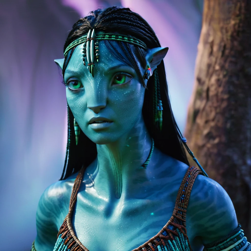 avatar style, (face portrait:1.6), na'vi, Lo'ak, 1girl, asian features, female, green eyes, pointy ears, (dark blue skin tone:1.0), (straight hair:1.0), black hair color, ((long hair)), (young adult), 18 years old, face wrinkles, wearing colorful tribal clothing, (wearing tribal acessories), detailed eyes, toned body, muscled body, vibrant colors, glowing, ethereal atmosphere, surrealistic dreamy lighting, textured skin, otherworldly beauty, mesmerizing photography, (best quality, highres), vivid colors, ultrarealistic, skin details, striped skin, sfw, face close-up:0.5, ultradetailed body, (blue skin)