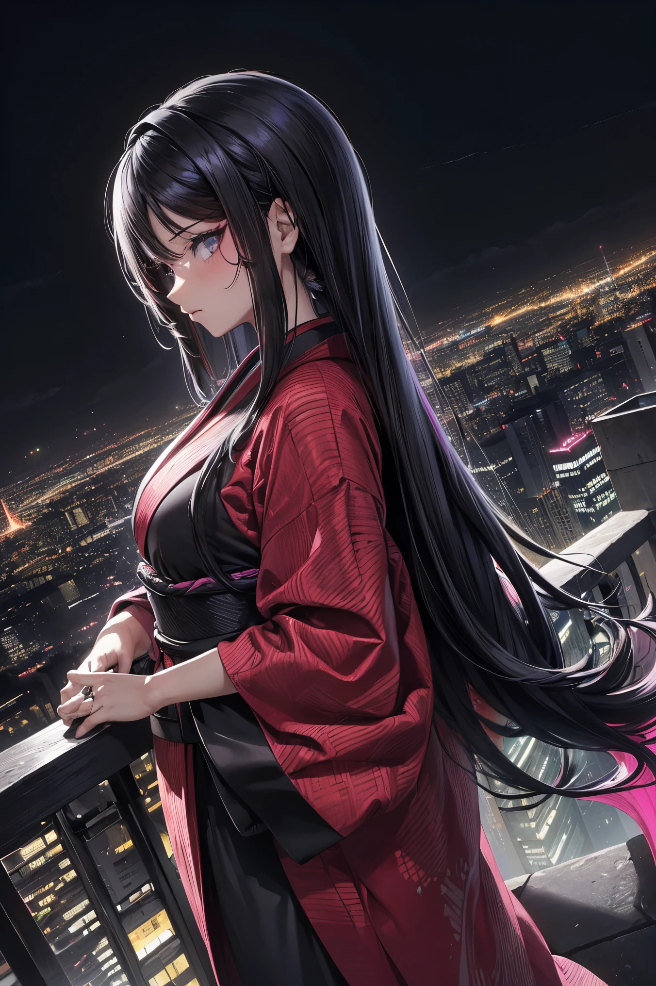 anime, (obra de arte, melhor qualidade, ultra-detalhado, alto contraste), 1 mulher (Sozinho, corpo todo, corpo plus size, standing on the edge of the skyscraper, cabelo prateado, CABELO LONGO E FLUXO, olhos vermelhos brilhantes de rubi, (Kimono preto, black cybernetics with neon pink), meias pretas transparentes), (skyscraper roof, com vista para uma cidade, fundo detalhado ((night time, Darkness, low light pollution)))