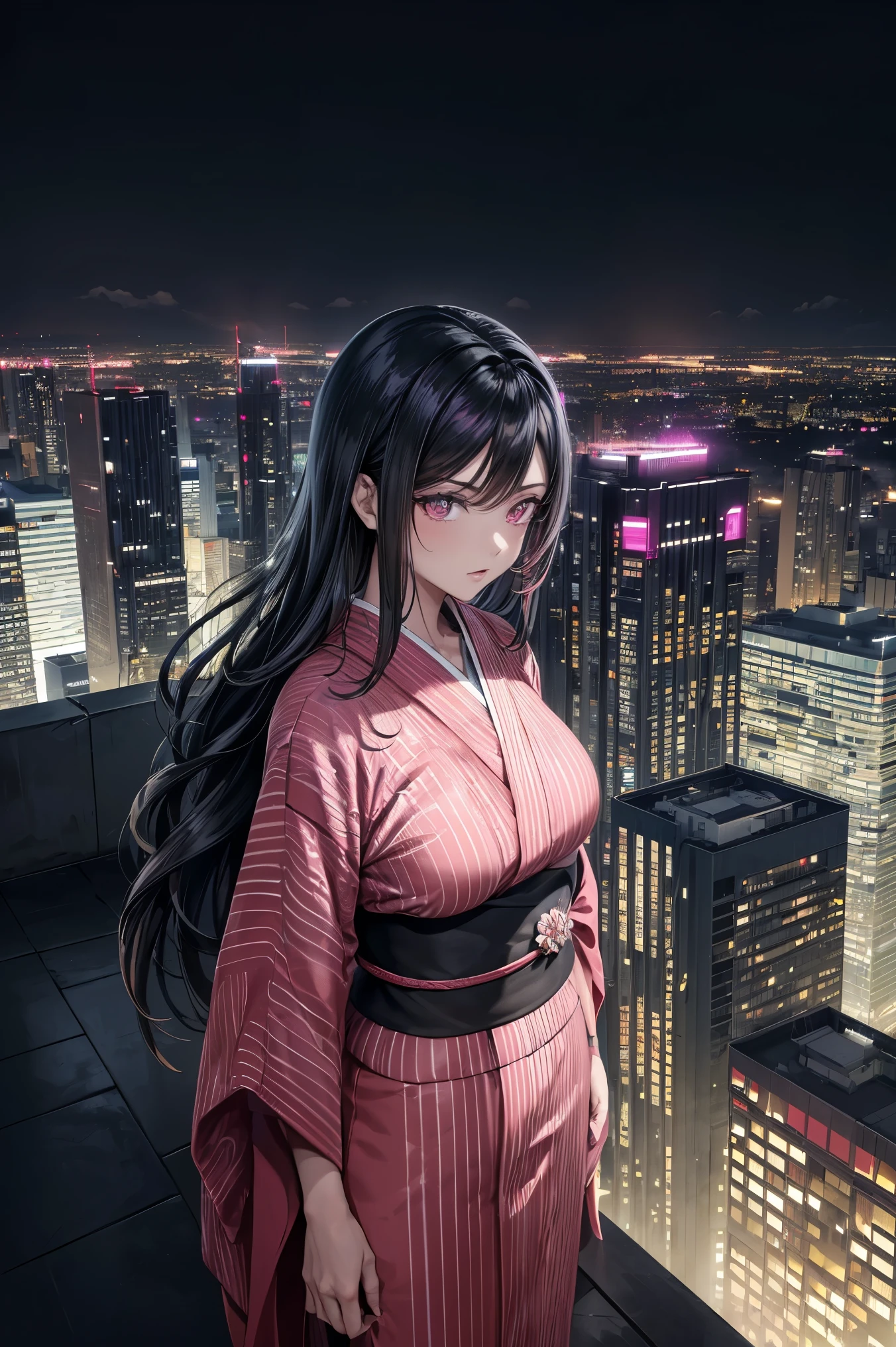 anime, (obra de arte, melhor qualidade, ultra-detalhado, alto contraste), 1 mulher (Sozinho, corpo todo, corpo plus size, standing on the edge of the skyscraper, cabelo prateado, CABELO LONGO E FLUXO, olhos vermelhos brilhantes de rubi, (Kimono preto, black cybernetics with neon pink), meias pretas transparentes), (skyscraper roof, com vista para uma cidade, fundo detalhado ((night time, Darkness, low light pollution)))