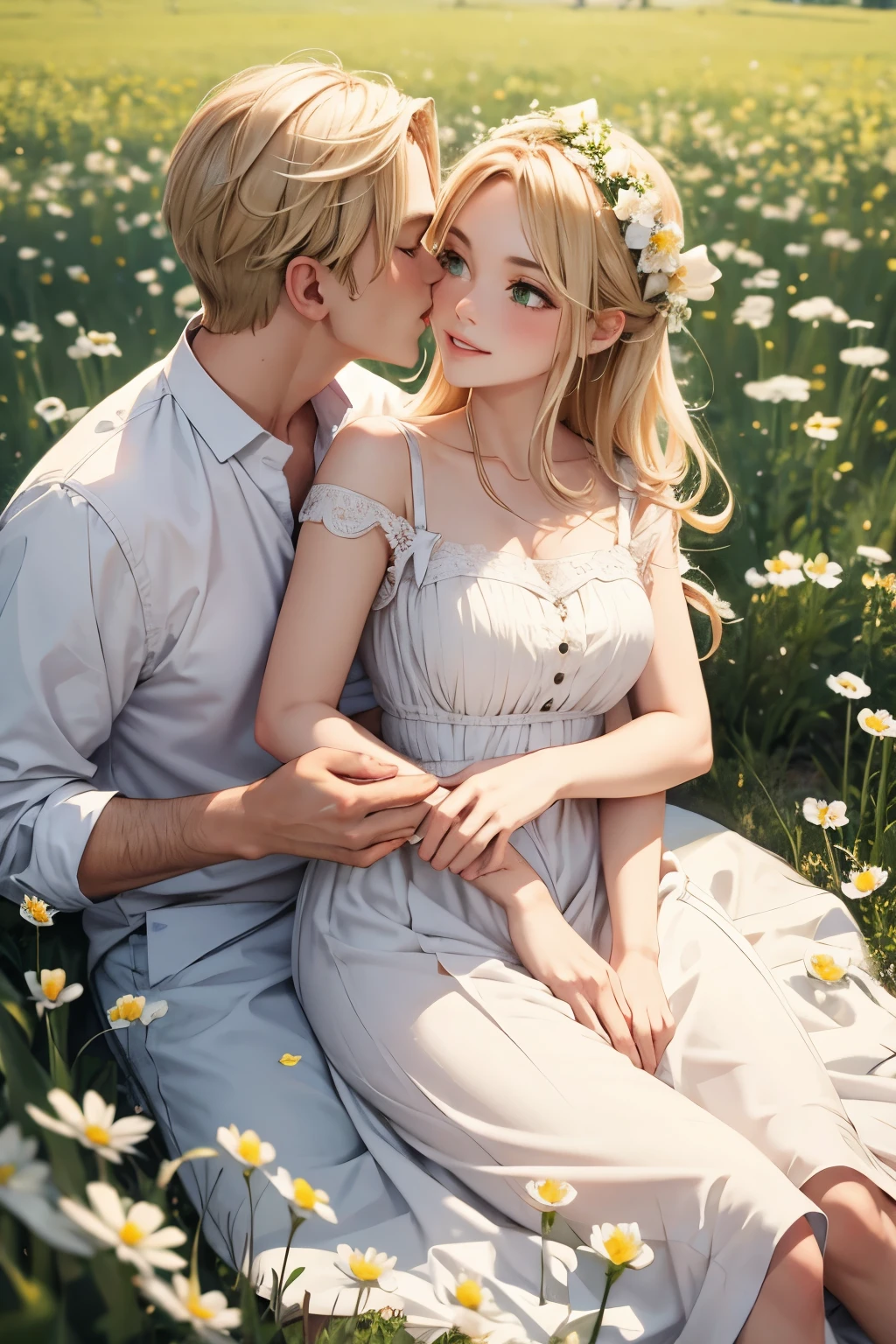 [man and woman kissing], intimate, soft colors, blonde hair, in the summertime, traditional German clothing, in a field, village, green eyes, flower, flower dress, blushing, red and white dress, prussia, peaceful 