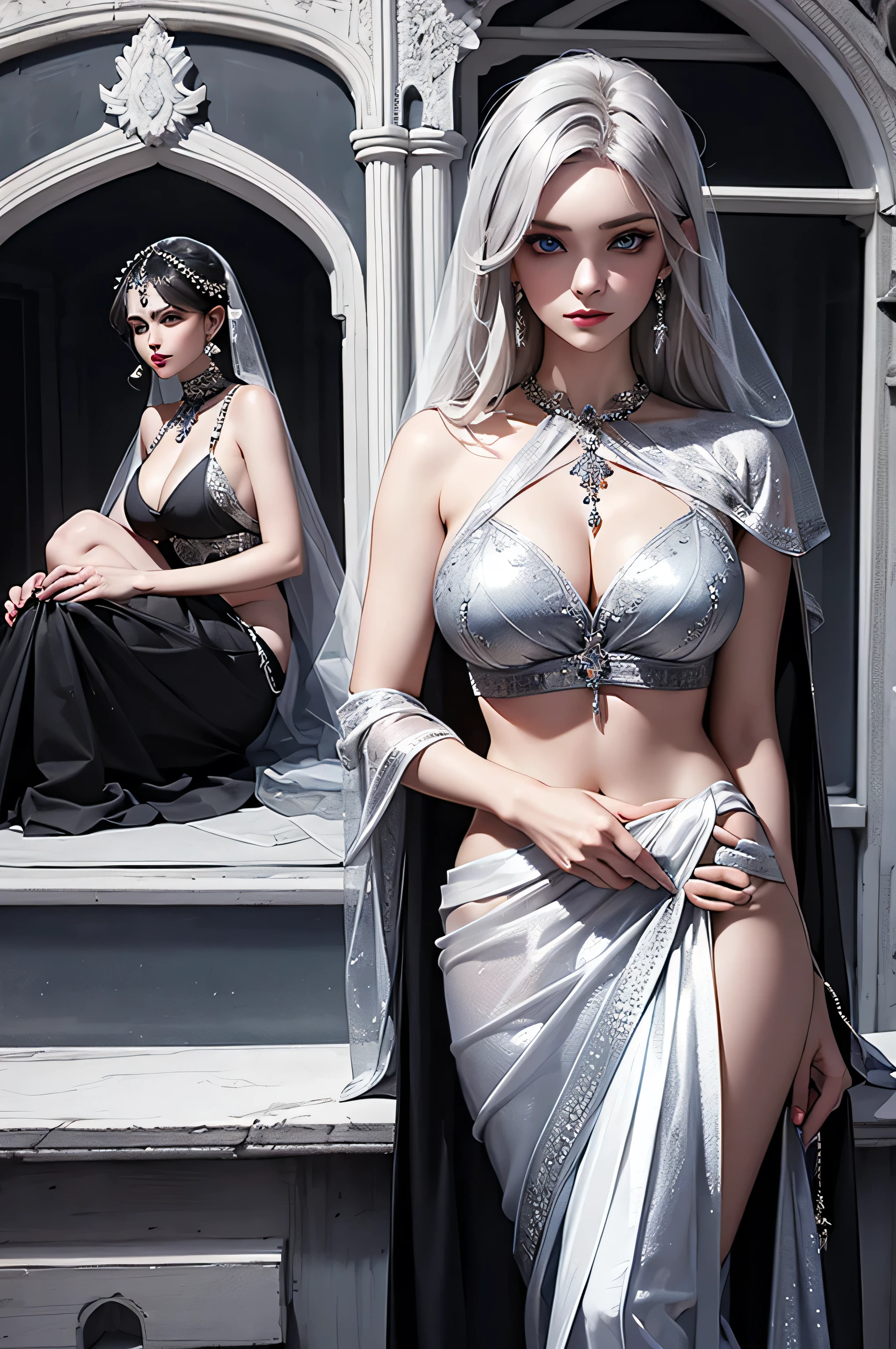 russian beautiful girl in black and silver net saree, blouse, black blouse, white saree, mat saree small cleavage line, medium breast, beautiful blue eyes, medium, silk saree, indian look, covered saree