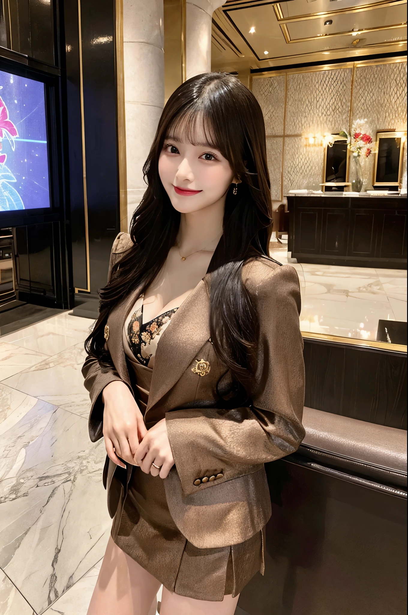 Angle from below、Luxurious space、Hotel Lobby、Straight Long Hair、Black Hair、Jacket、Brown suit、short skirt with floral pattern,、Cleavage(Very large breasts、Very thin and long legs、Perfect figure、High heels、whole body、smile)、1 female、No makeup、Age 25、(masterpiece、8K,RAW Photos、High resolution:1.4)