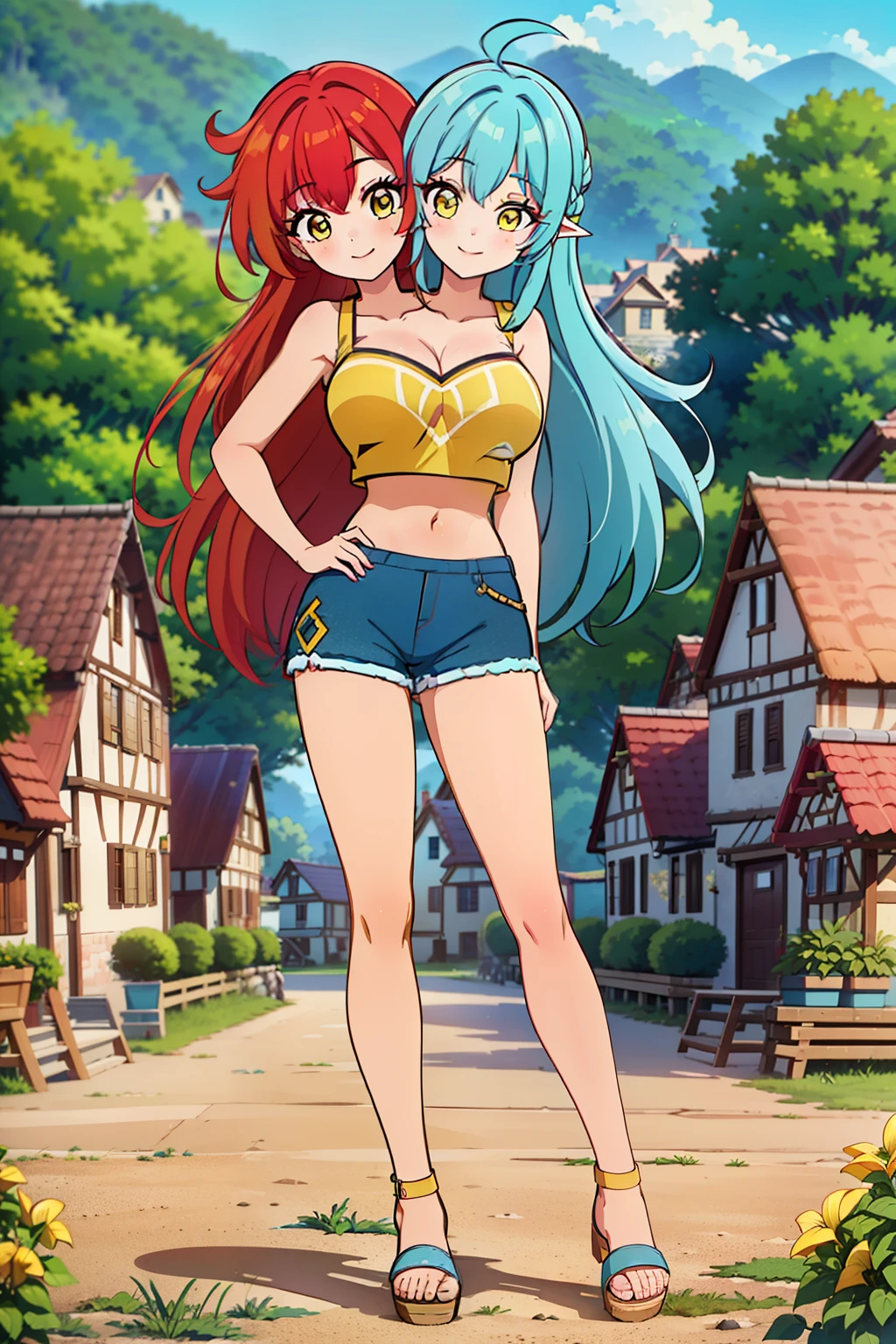 best quality, (masterpiece),(ultra-detailed), (high quality), (high resolution), ((2heads:1.5)), best quality:1.5, highres, UHD, 16K), ((two headed woman)), smiling, highres, masterpiece, ((vibrant red hair:1.5)), ((vibrant blue hair:1.5)), ((different hair colors)), cleavage, ((yellow crop top:1.5)), lustrous and smooth skin, seductive silhouette, yellow top, sexy proportions, Beautiful girl with accentuated slender abs, ((full body)), long legs, ((village background:1.5)), ((exposed midriff)), body con outfit, strapless, sleeveless, yellow eyes, ((long hair)), ((sandals))