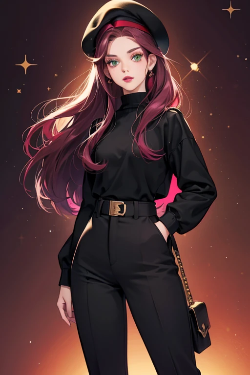 The Beret Girl. She has long maroon hair, green eyes with light purple eyeshadow, a small black nose, and big lips with dark red lipstick. Clothing wise, she dresses like a beatnik; Sporting a black beret (hence her moniker), turtleneck, pants and flat shoes, all colored black. SPARKLE; GLITTER