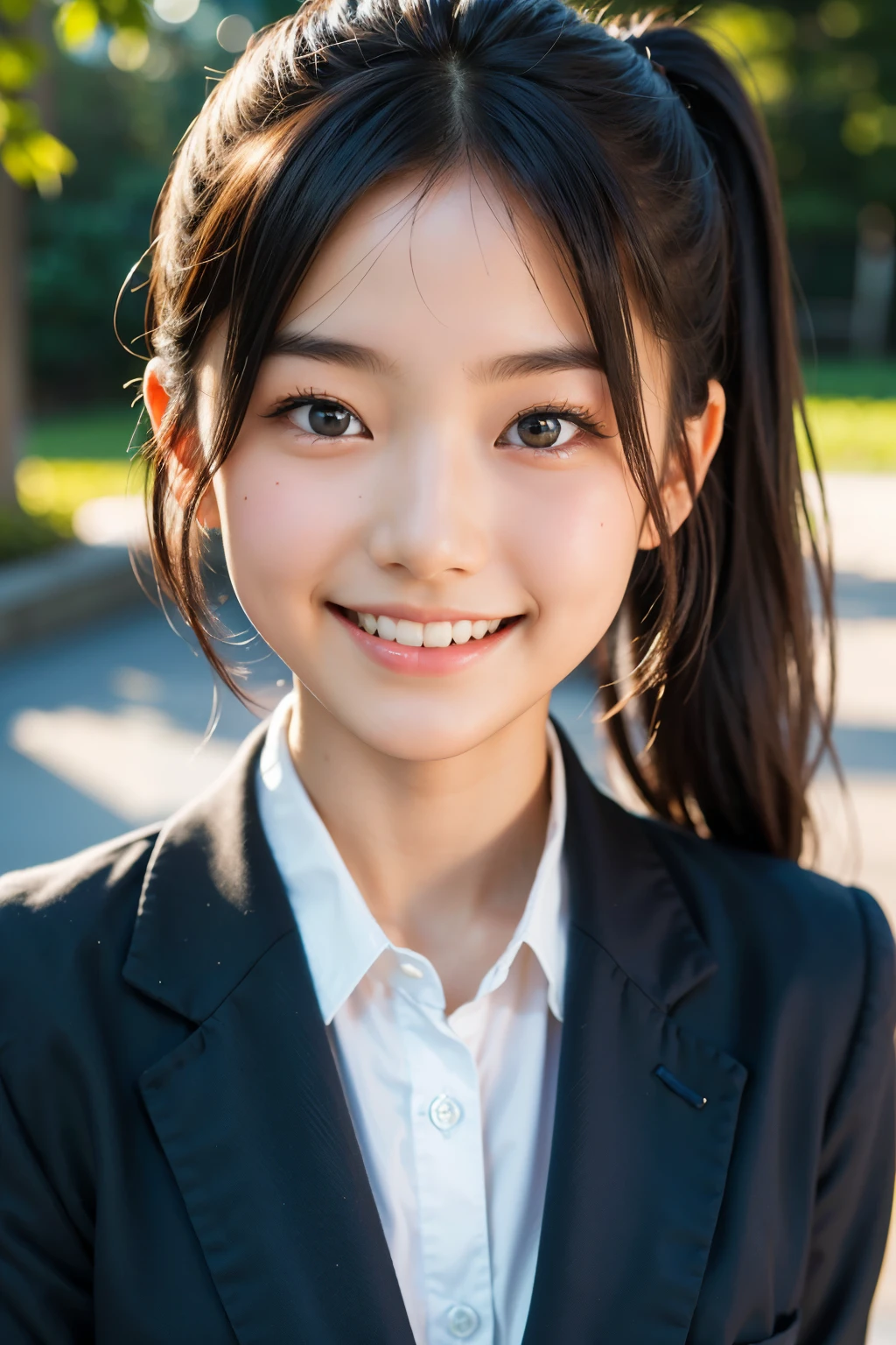 lens: 135mm f1.8, (highest quality),(RAW Photos), (Tabletop:1.1), (Beautiful 18 year old Japanese girl), Cute face, (Deeply chiseled face:0.7), (freckles:0.4), dappled sunlight, Dramatic lighting, (Japanese School Uniform), (On campus), shy, ponytail, (Close-up shot:1.2), (smile),, (Sparkling eyes)、(sunlight),