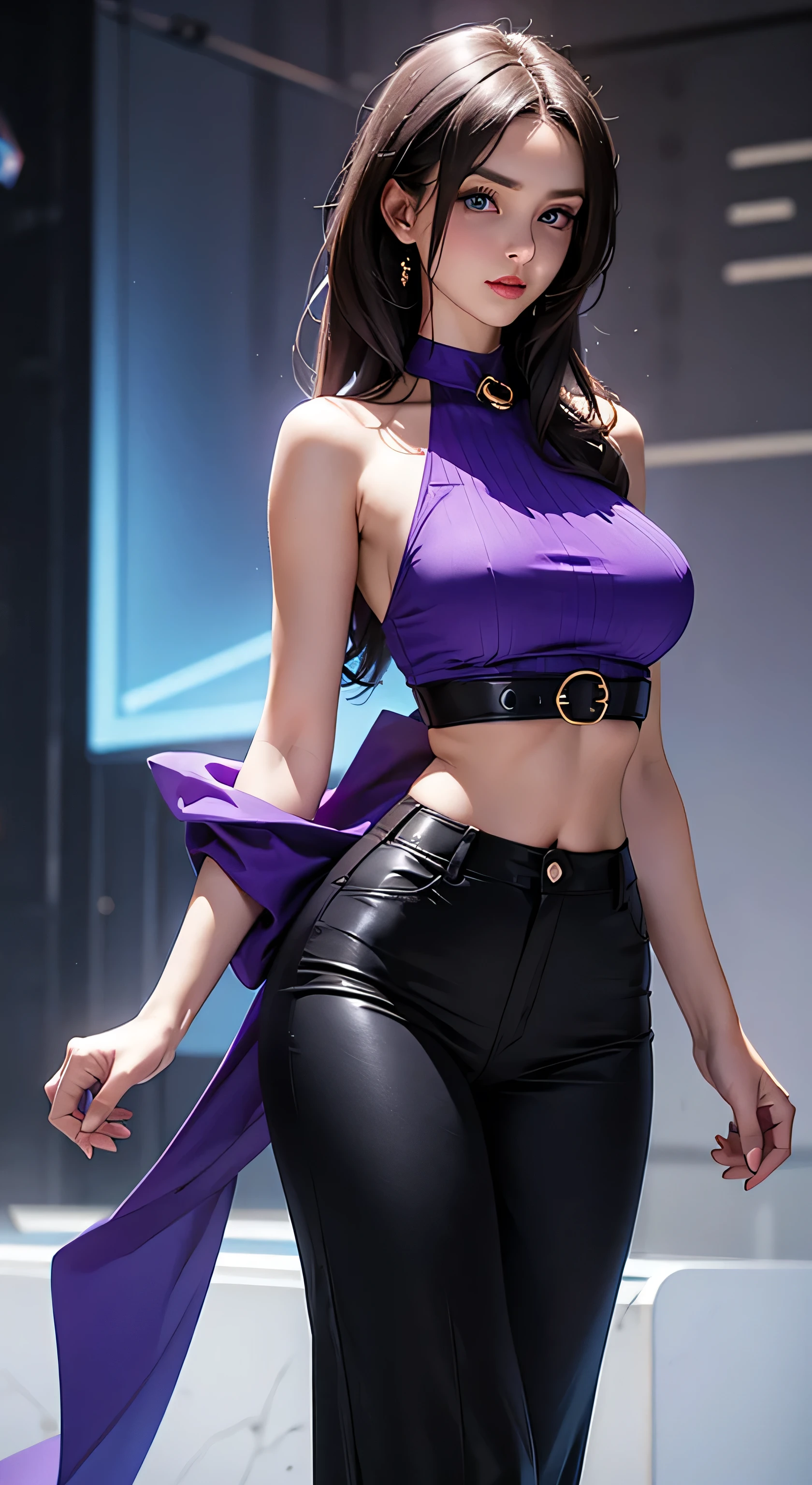 russian beautiful girl in purple designer top, medium breast, beautiful blue eyes, black bell bottom, , high waist bell bottom, high waist, bell bottom trouser, , black trouser, medium breast