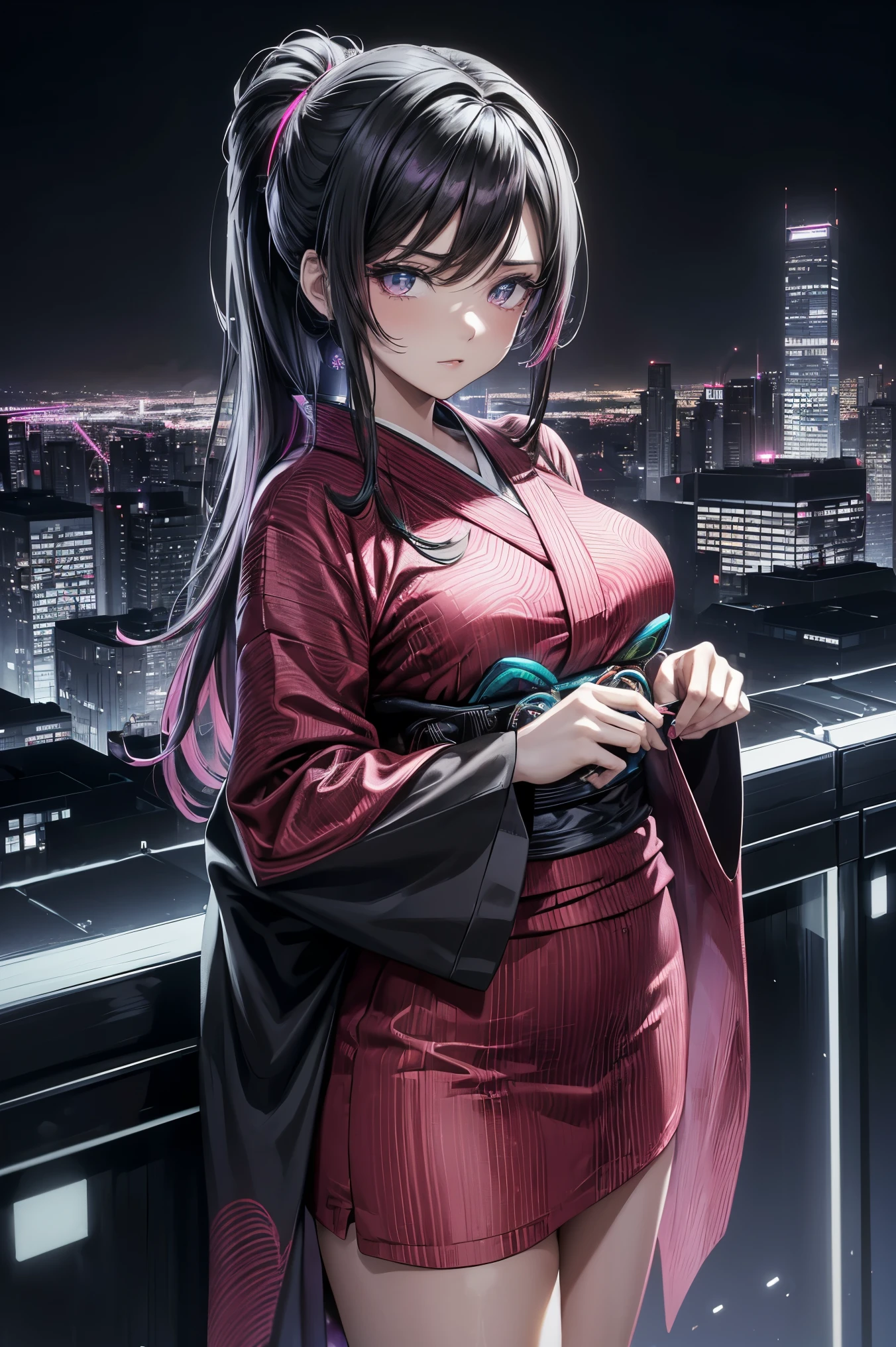 anime, (obra de arte, melhor qualidade, ultra-detalhado, alto contraste), 1 mulher (Sozinho, corpo todo, corpo plus size, standing on the edge of the skyscraper, cabelo prateado, CABELO LONGO E FLUXO, olhos vermelhos brilhantes de rubi, (Kimono preto, black cybernetics with neon pink), meias pretas transparentes), (skyscraper roof, com vista para uma cidade, fundo detalhado ((night time, Darkness, low light pollution)))