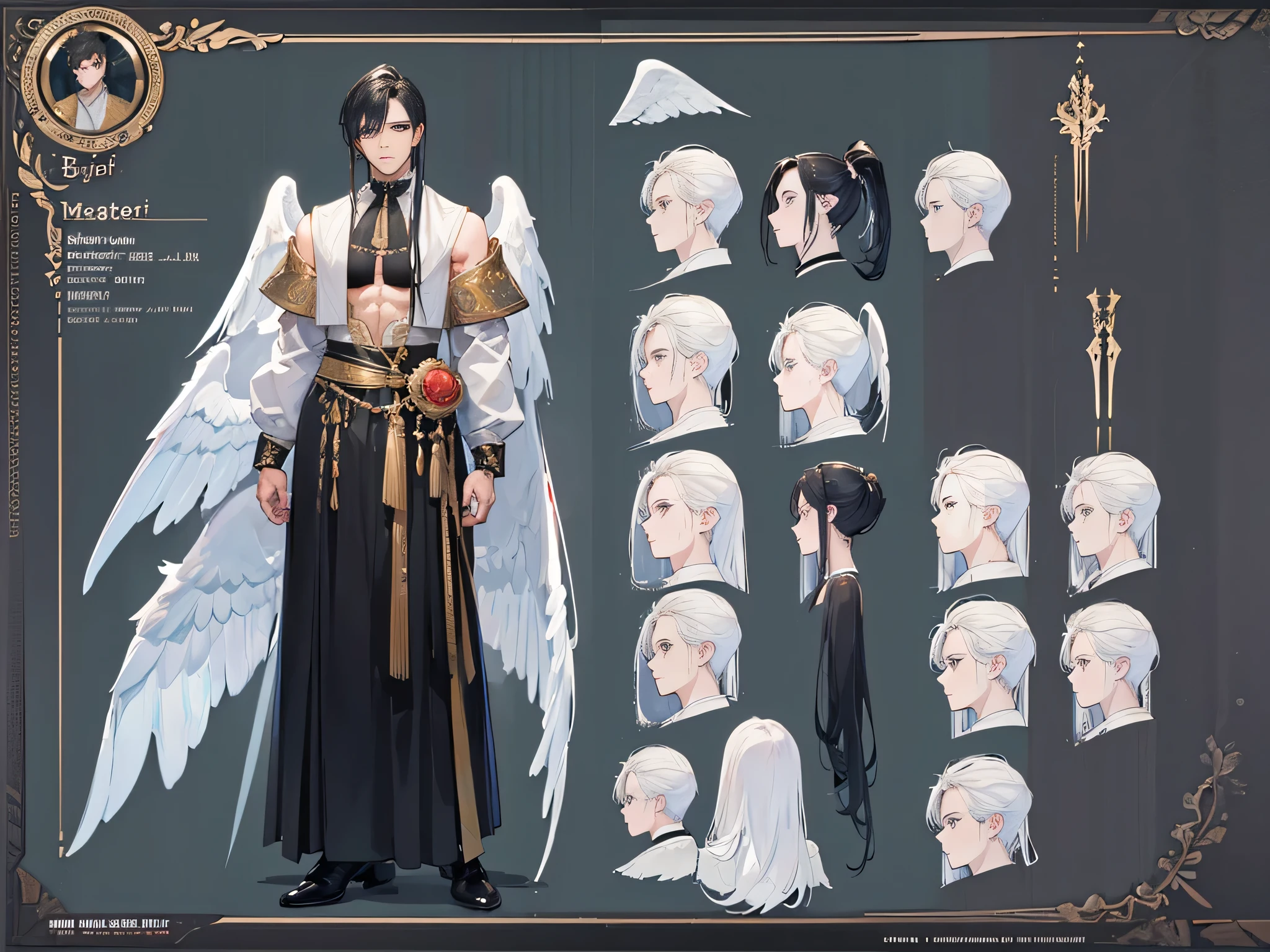 ((Masterpiece, Highest quality)), Male, boy, Detailed face, character design sheet， full bodyesbian, Full of details, frontal body view, back body view, Highly detailed, Depth, Many parts, angel wings, angel outfit, Muscle boy with black ponytail hair, black hair, handsome man, male angel , man tall, pectoral