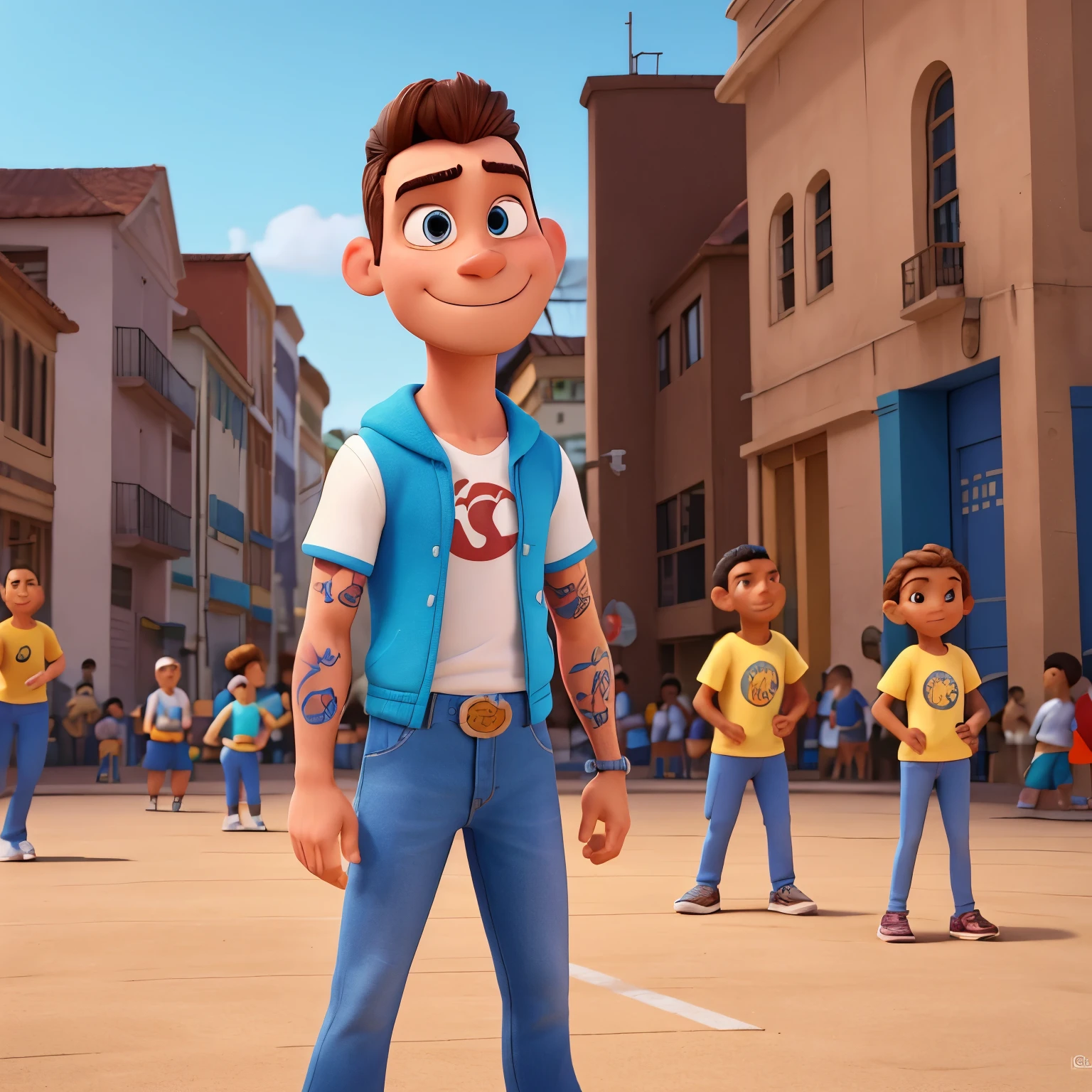 Criar personagem pixar, slim physical education teacher, 24 anos, cabelo cacheado,  tattoo on an arm, um pouco de barba, usando roupa de academia, stretching in a public square with several children and various types of equipment for a functional class 