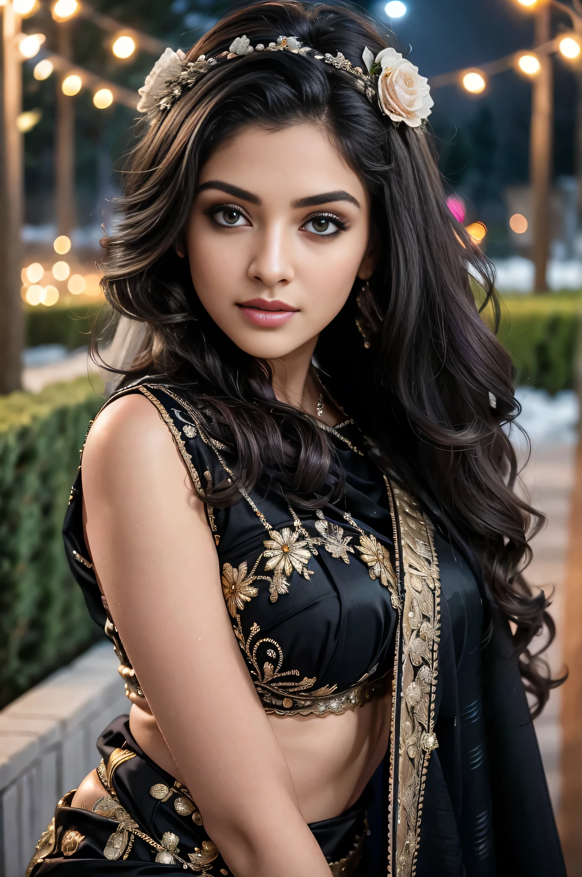 Young russian woman, bride, sexy black and blue wedding saree, wedding, flower in hair, garden, night, detailed body, detailed face, ultra realistic, charming, cute, big hazel eyes with long curly hair, perfect fingers, ambient lighting, winter, detailed background, 8k