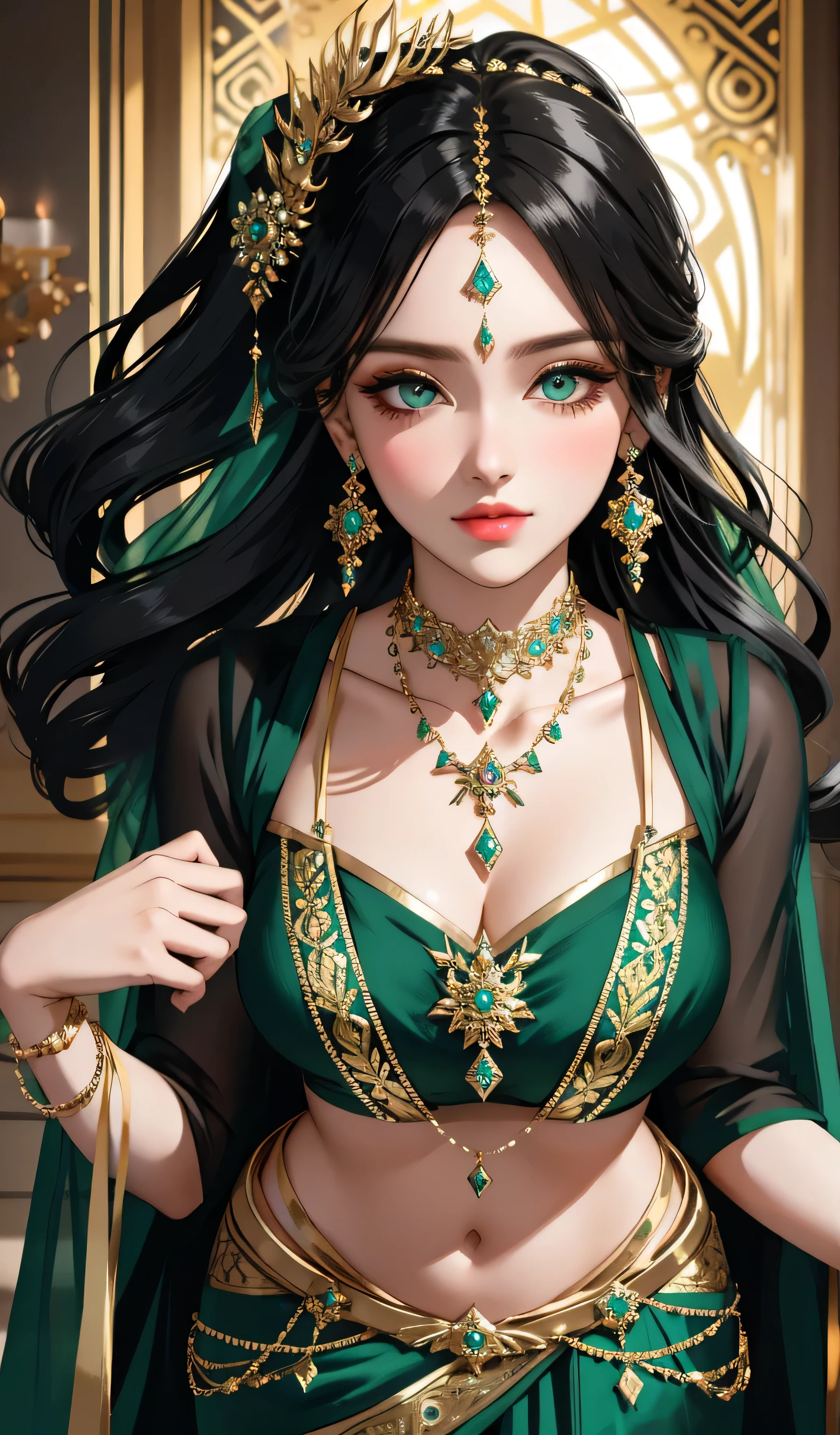 Sexy russian woman, lots of jewellery, black silk blouse and light green saree, amazing makeup, beautiful face, kind eyes, intricate dance, traditional look and dance