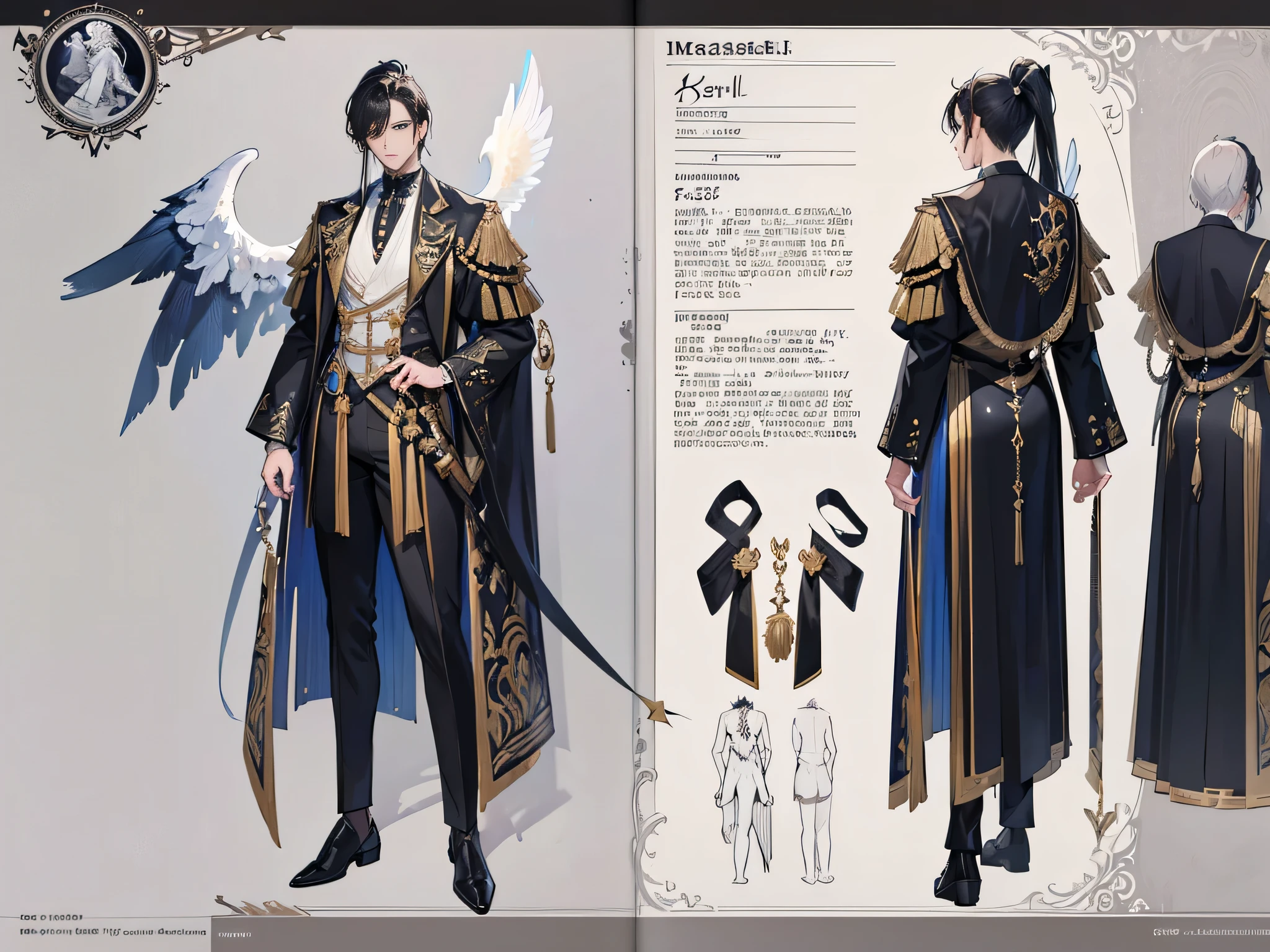 ((Masterpiece, Highest quality)), Male, boy, Detailed face, character design sheet, full bodyesbian, Full of details, frontal body view, back body view, Highly detailed, Depth, Many parts, angel wings, angel outfit, Muscle boy with black ponytail hair, black hair, handsome man, male angel , man tall
